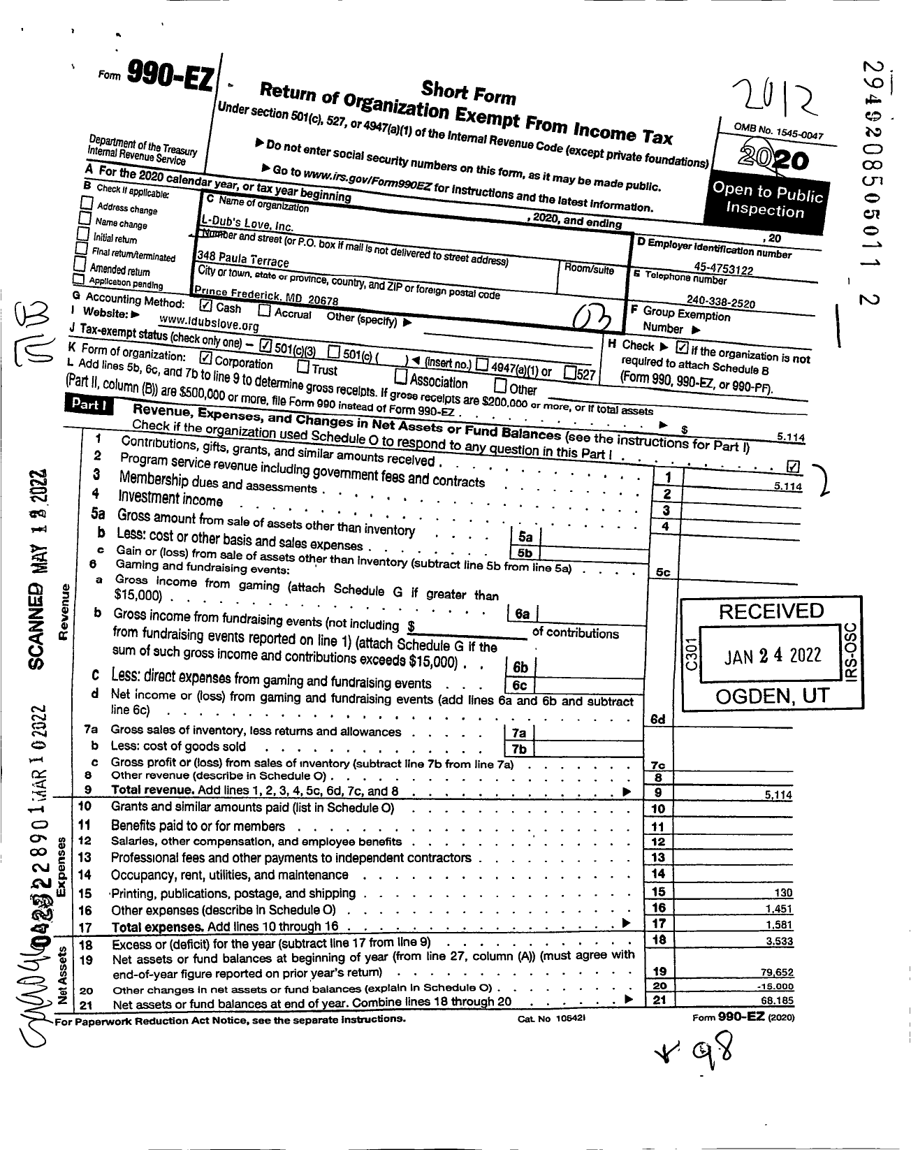 Image of first page of 2020 Form 990EZ for L-Dubs Love