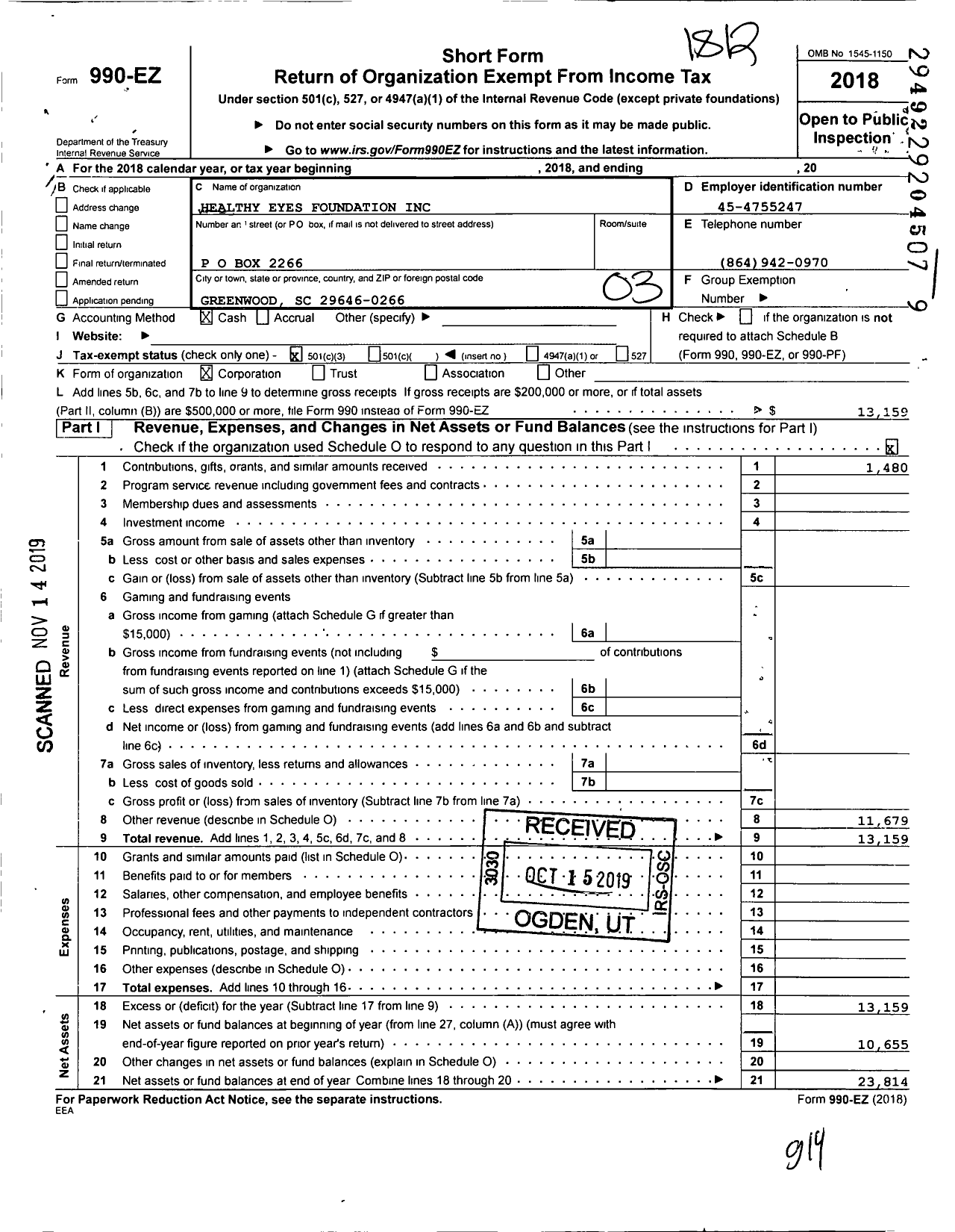 Image of first page of 2018 Form 990EZ for Healthy Eyes Foundation