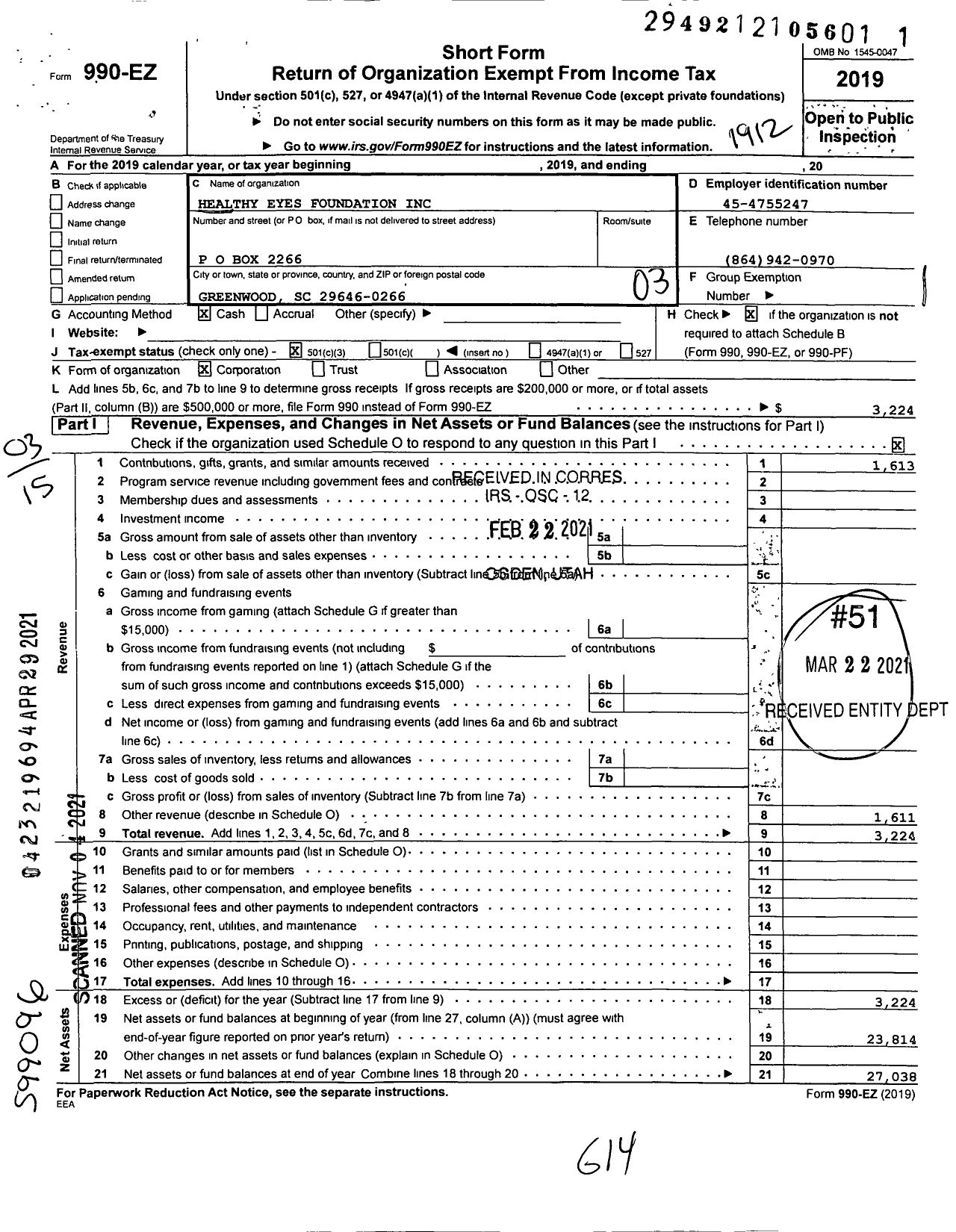 Image of first page of 2019 Form 990EZ for Healthy Eyes Foundation