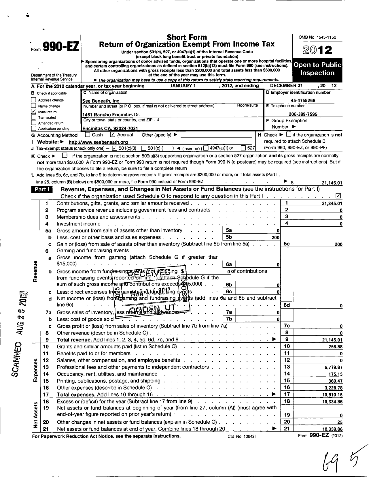 Image of first page of 2012 Form 990EZ for See Beneath