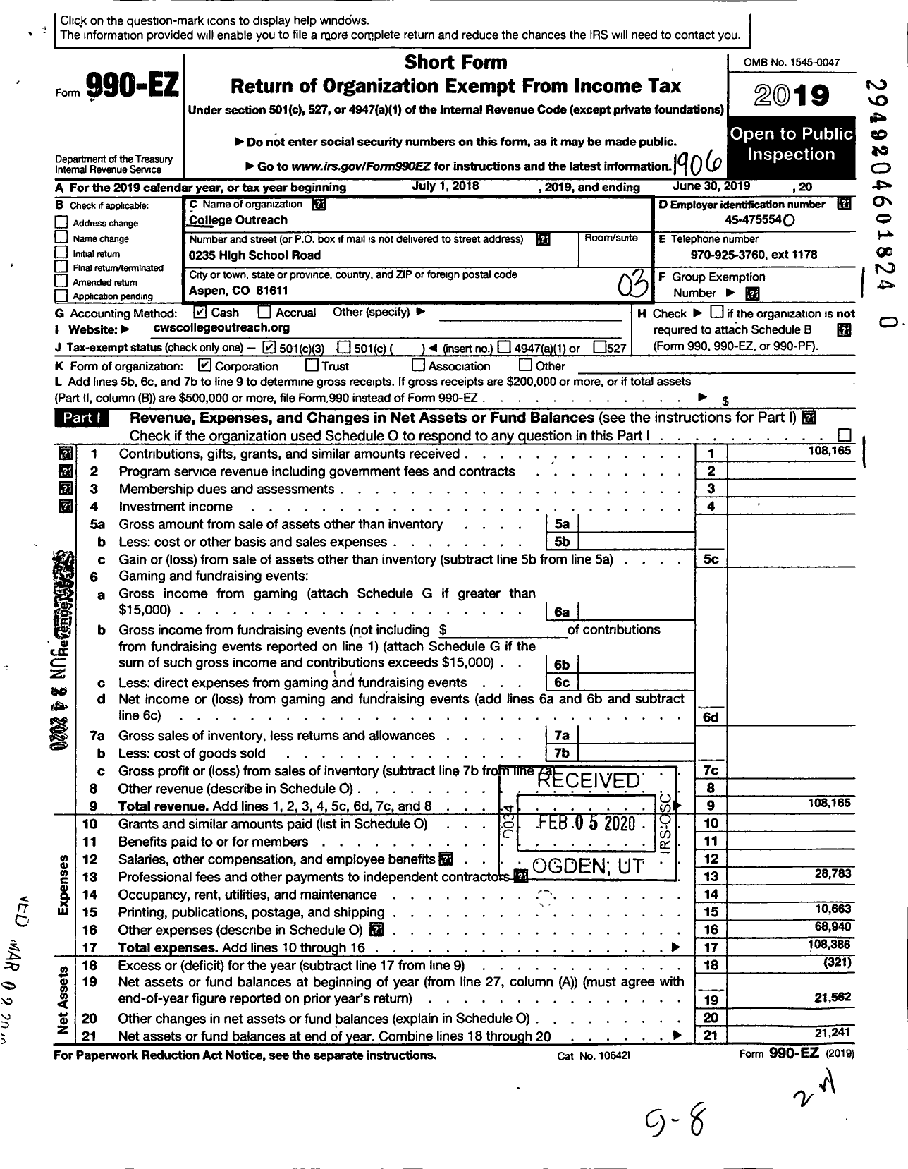 Image of first page of 2018 Form 990EZ for College Outreach