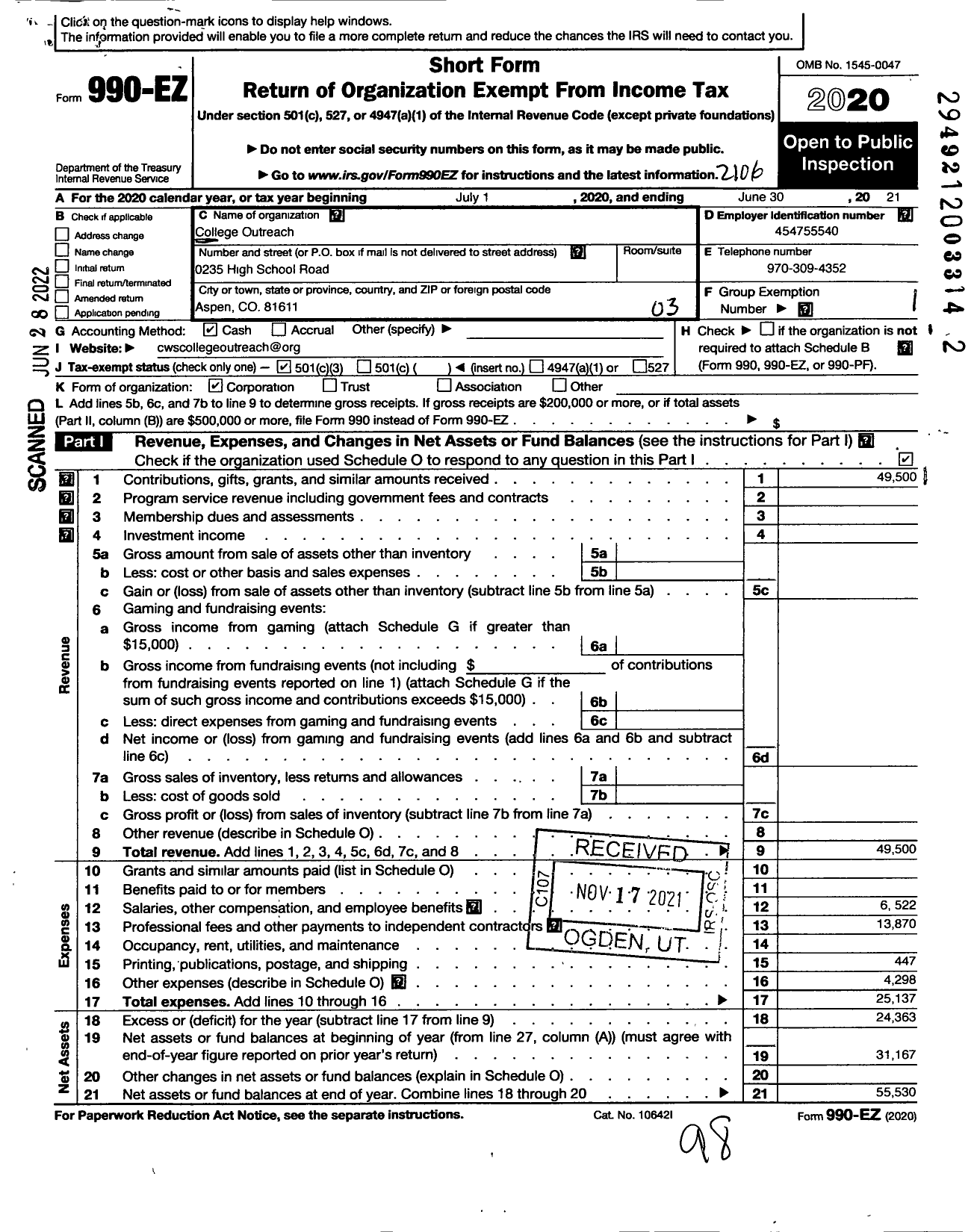 Image of first page of 2020 Form 990EZ for College Outreach