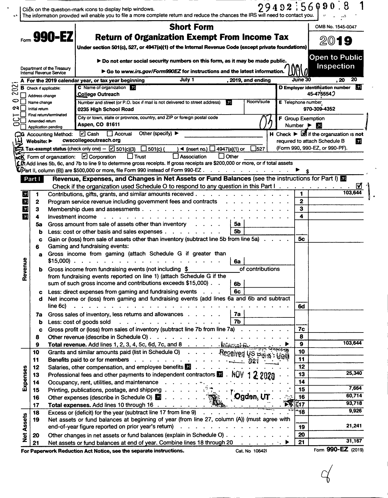Image of first page of 2019 Form 990EZ for College Outreach