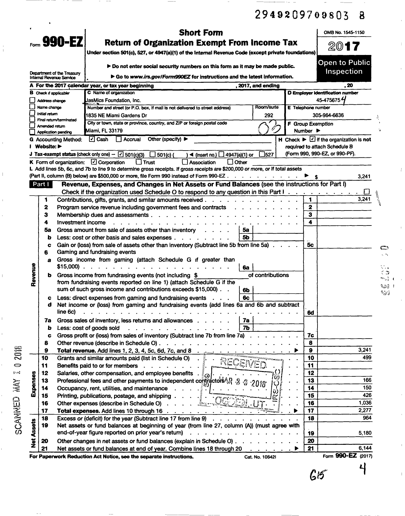 Image of first page of 2017 Form 990EZ for Jasmics Foundation