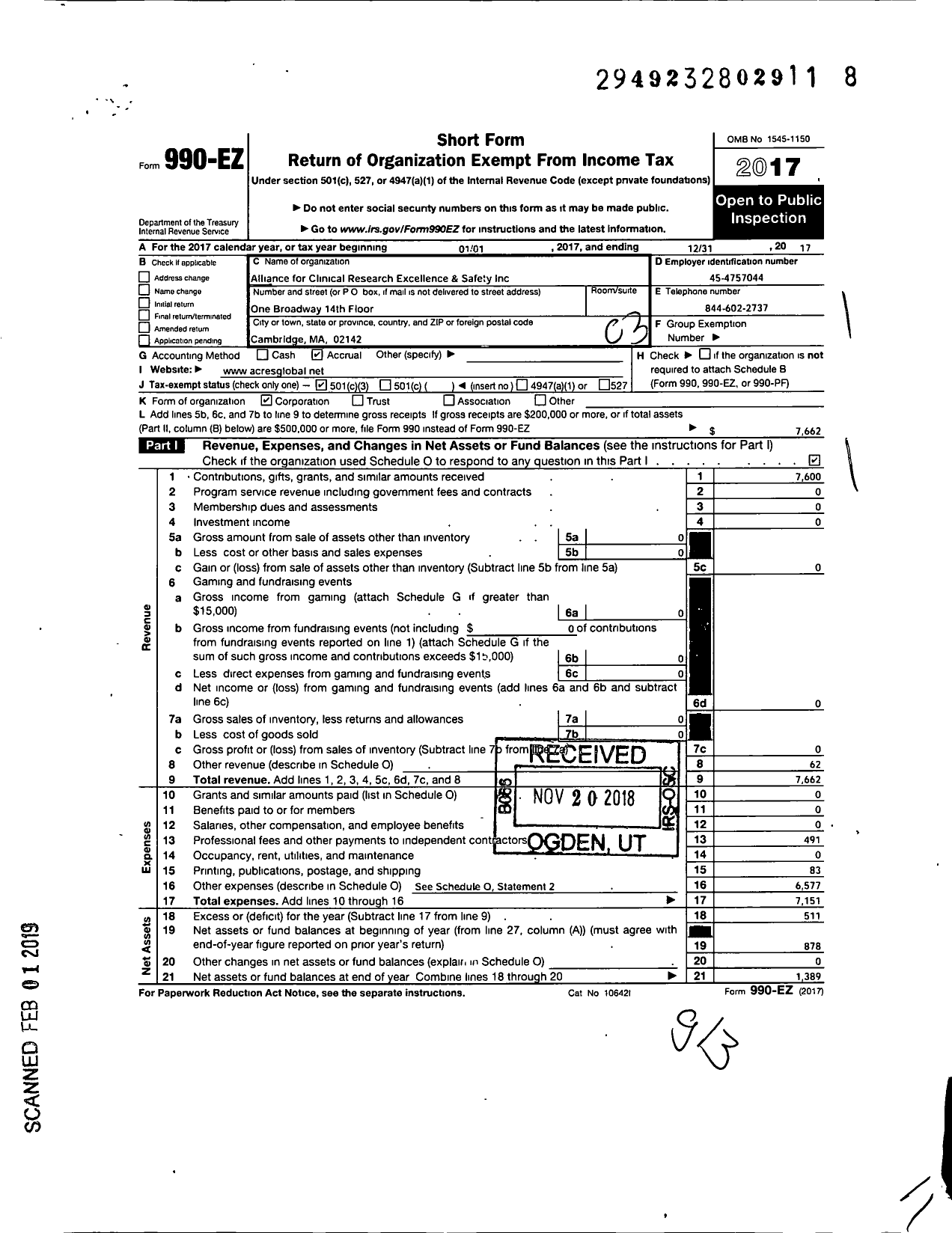 Image of first page of 2017 Form 990EZ for Alliance for Clinical Research Excellence and Safety