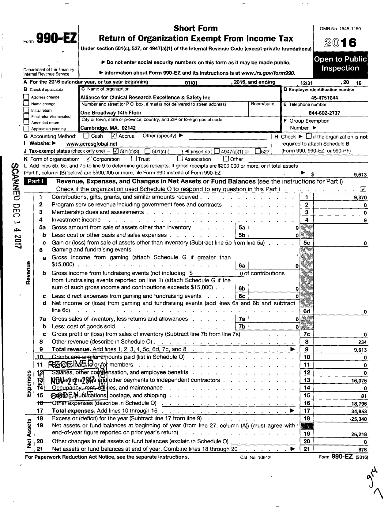 Image of first page of 2016 Form 990EZ for Alliance for Clinical Research Excellence and Safety