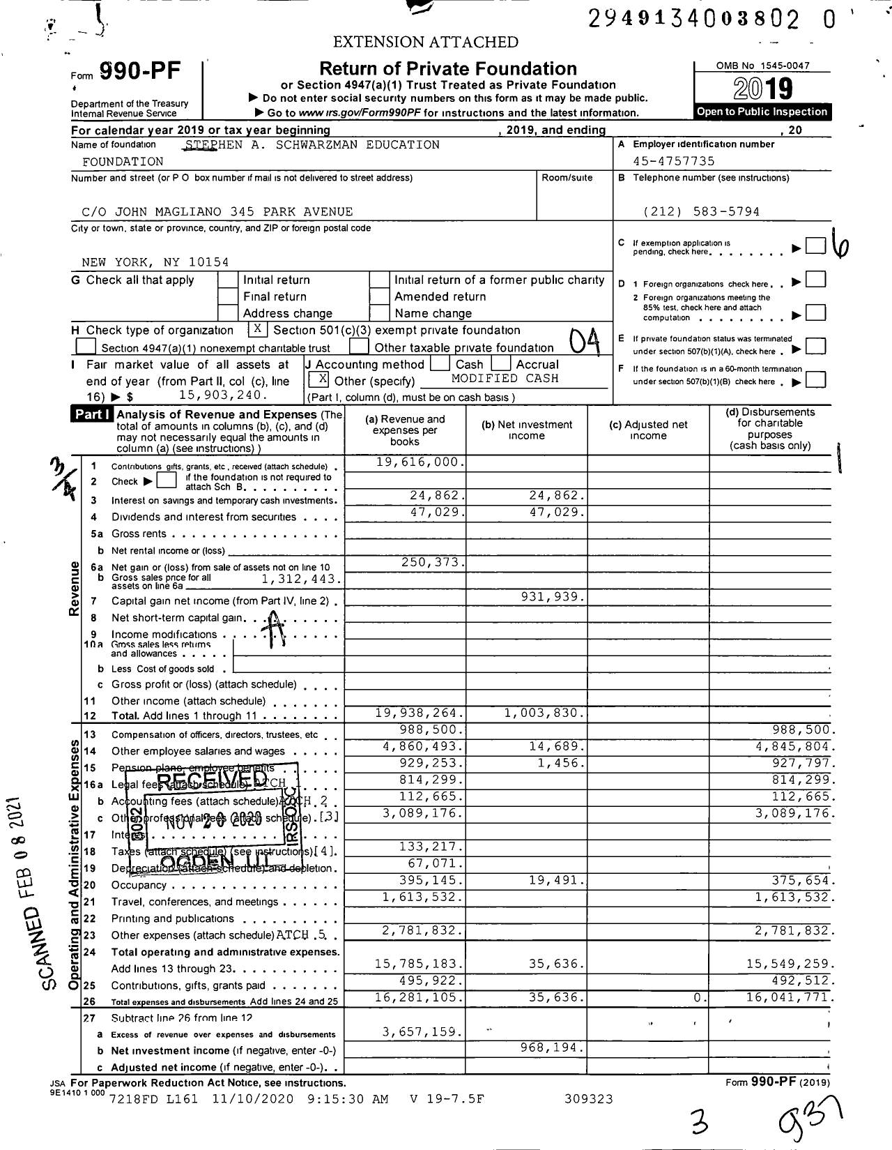 Image of first page of 2019 Form 990PF for Stephen A Schwarzman Education Foundation