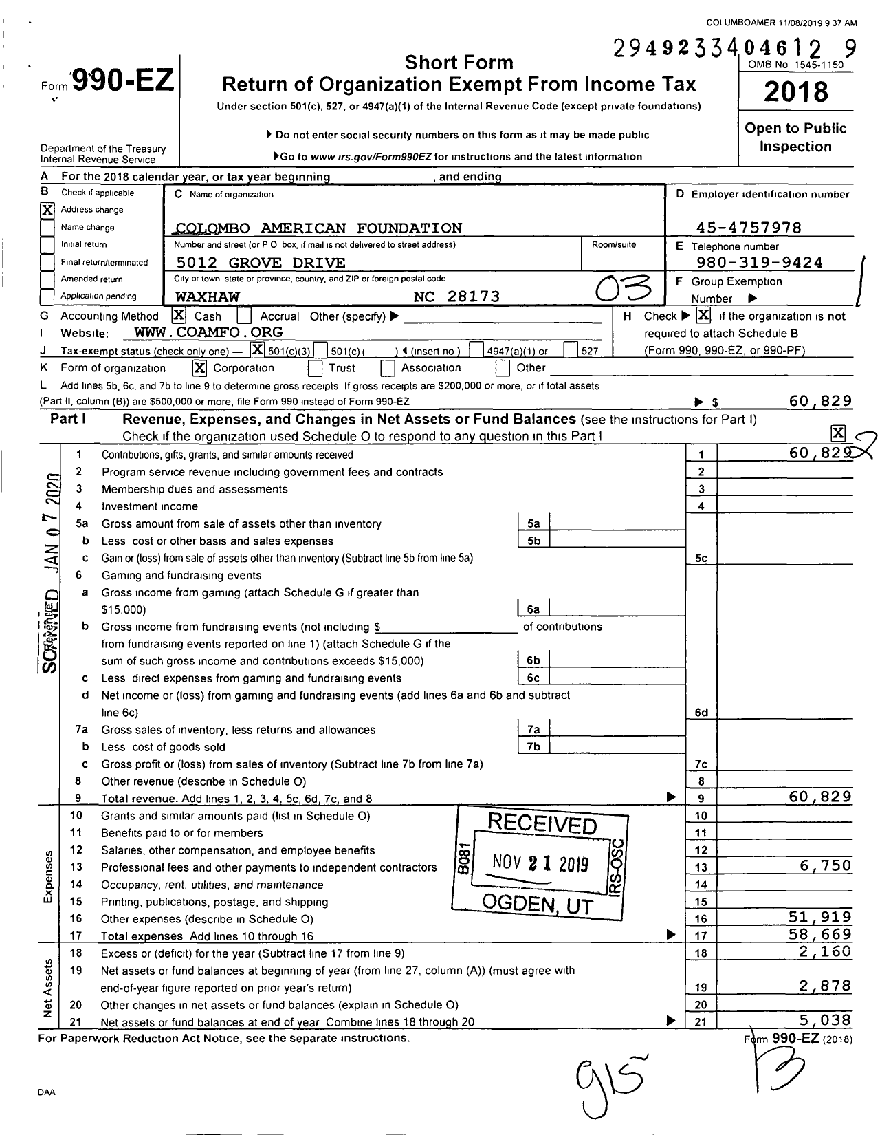 Image of first page of 2018 Form 990EZ for Colombo American Foundation