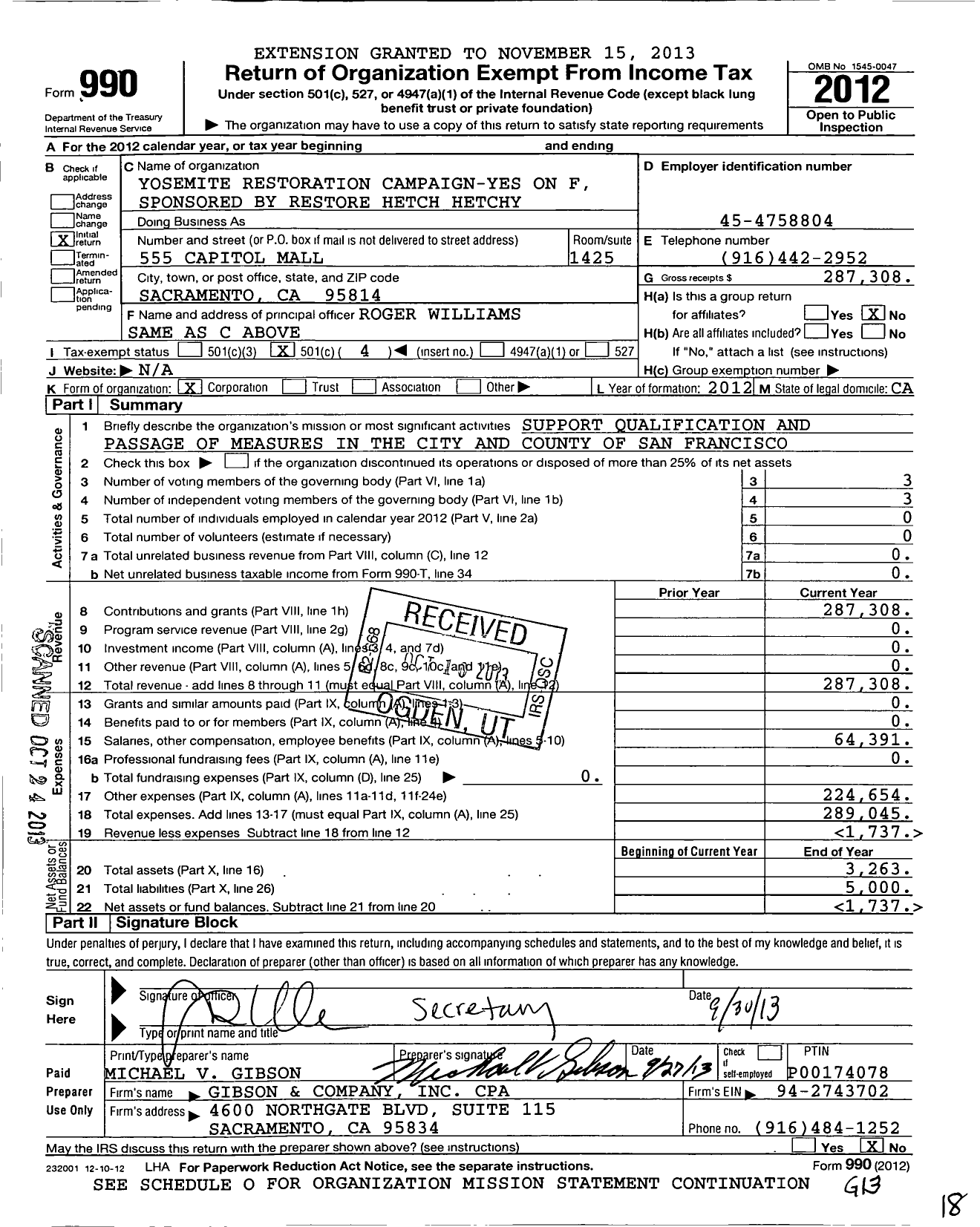 Image of first page of 2012 Form 990O for Yosemite Restoration Campaign Sponsored By Restore Hetchy