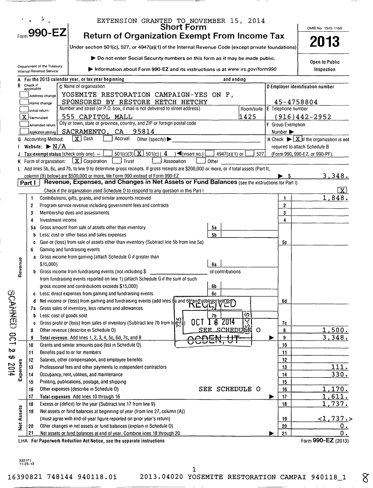 Image of first page of 2013 Form 990EO for Yosemite Restoration Campaign Sponsored By Restore Hetchy