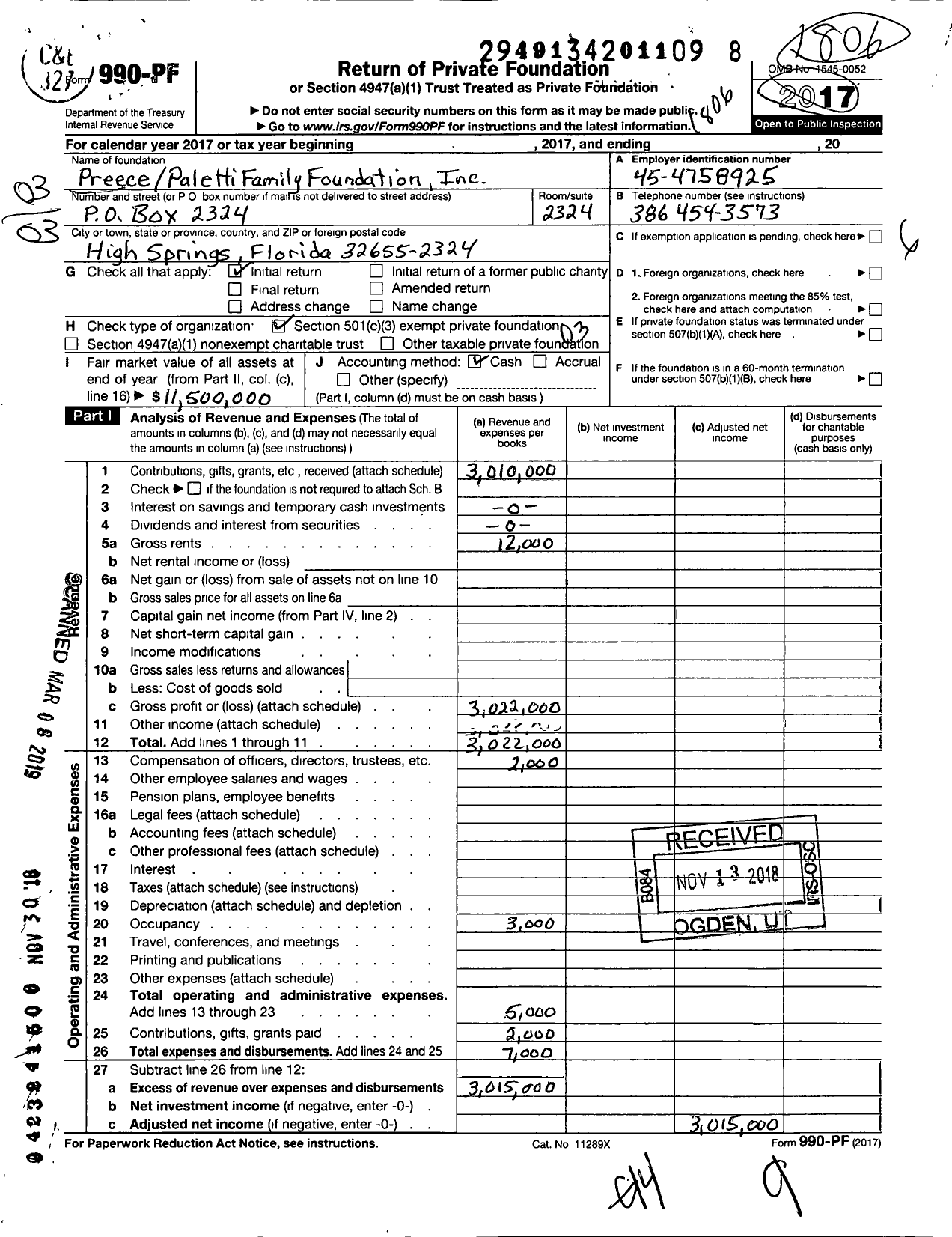 Image of first page of 2017 Form 990PF for Preece Paletti Family Foundation