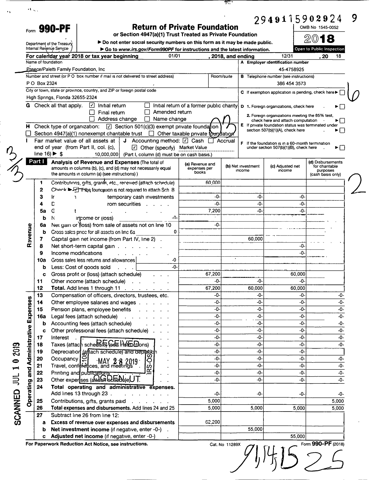 Image of first page of 2018 Form 990PF for Preece Paletti Family Foundation