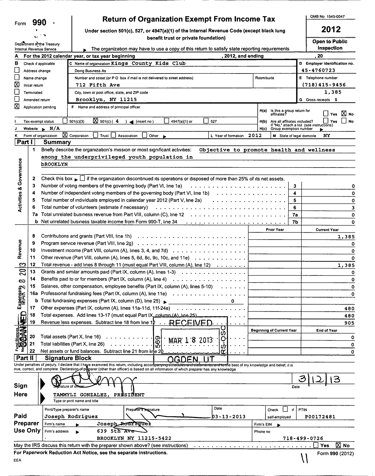 Image of first page of 2012 Form 990O for Steves Club National Program / Kings County Kids Club Inc