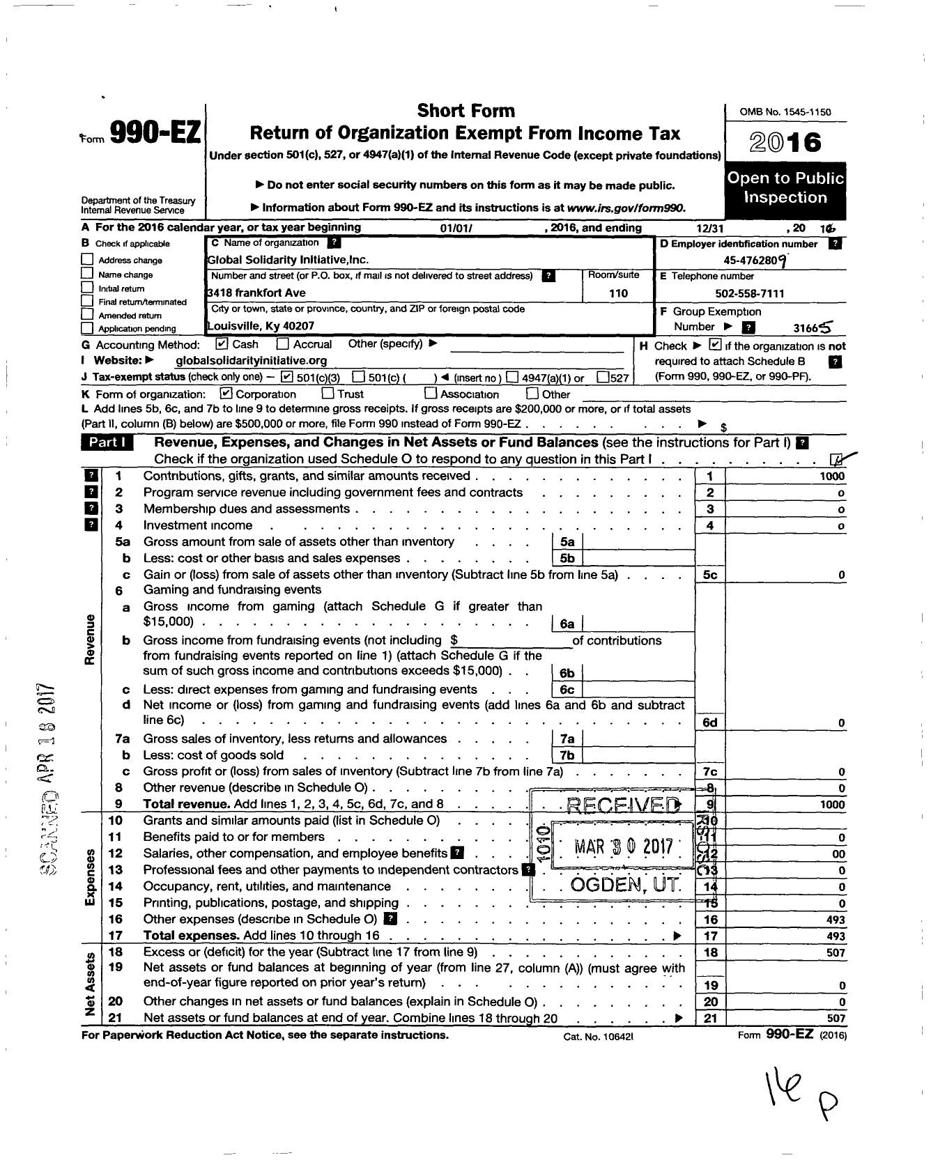 Image of first page of 2016 Form 990EZ for Global Solidarity Initiative