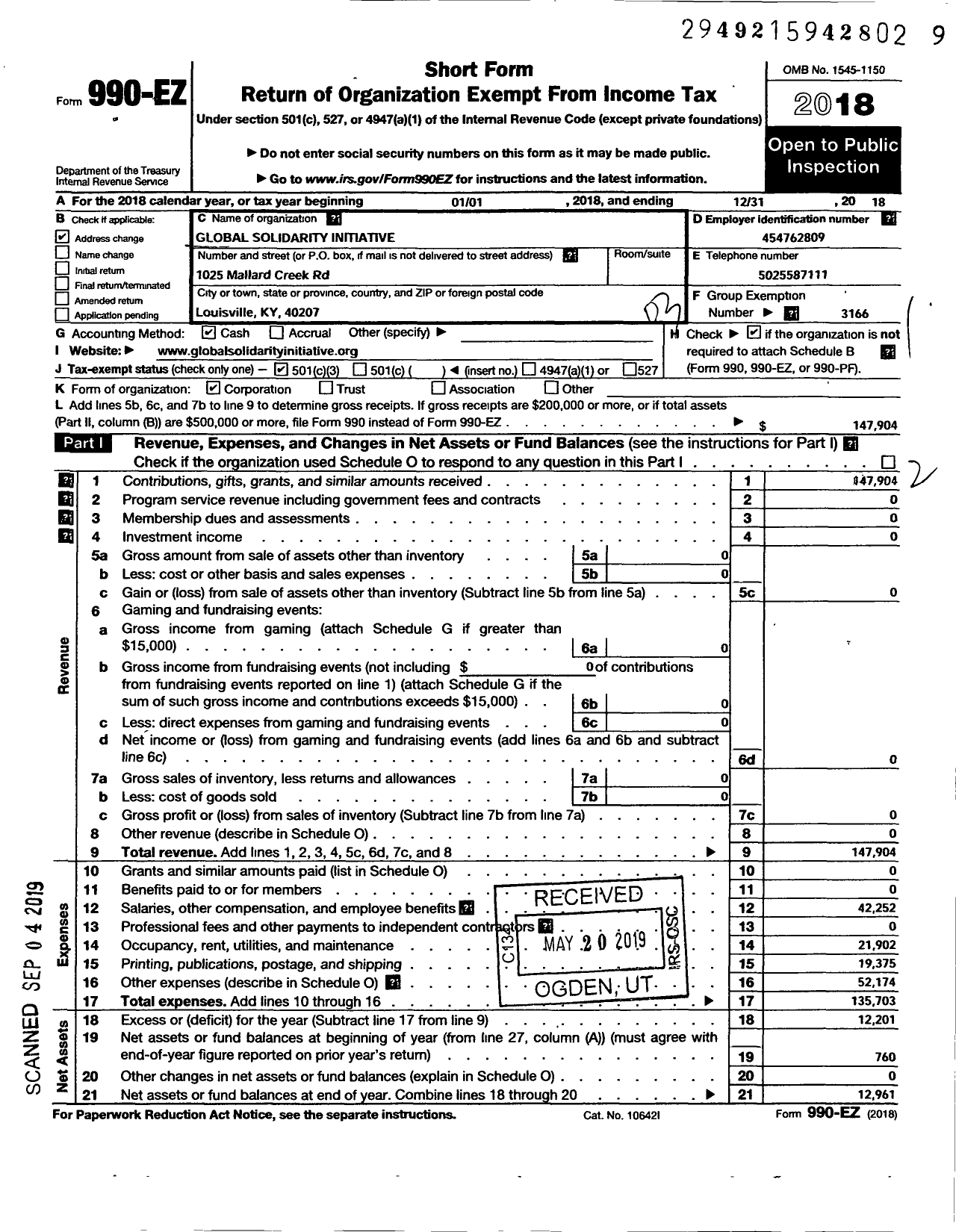 Image of first page of 2018 Form 990EZ for Global Solidarity Initiative