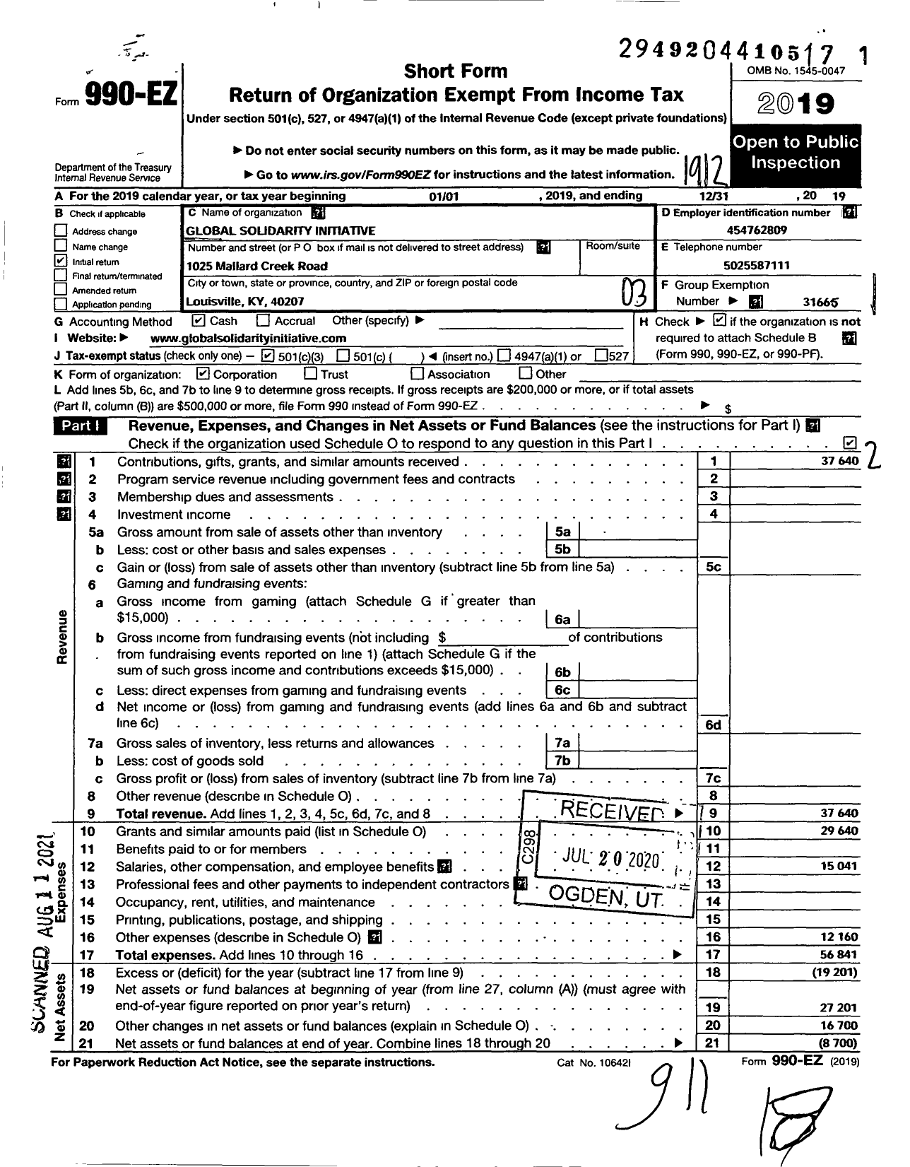 Image of first page of 2019 Form 990EZ for Global Solidarity Initiative