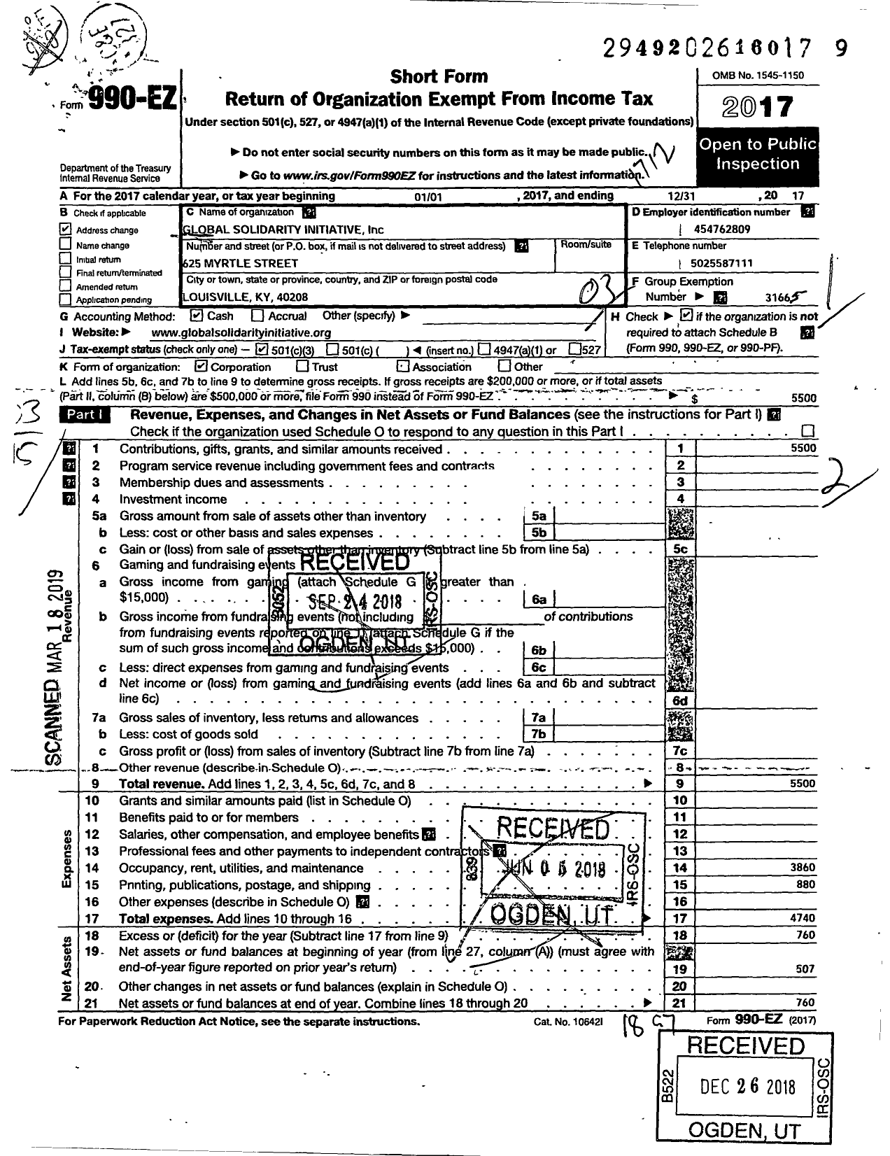 Image of first page of 2017 Form 990EZ for Global Solidarity Initiative