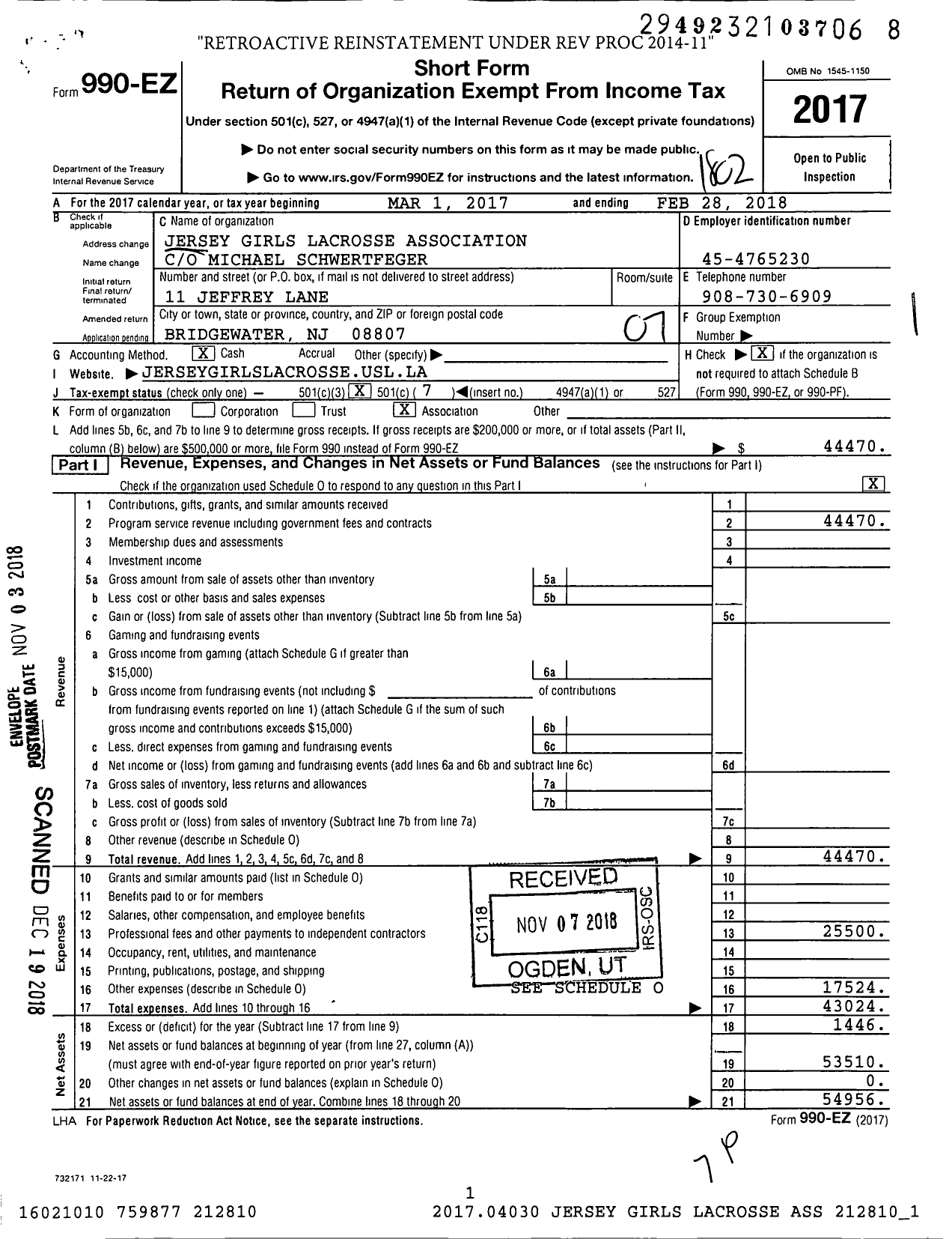 Image of first page of 2017 Form 990EO for Jersey Girls Lacrosse Association