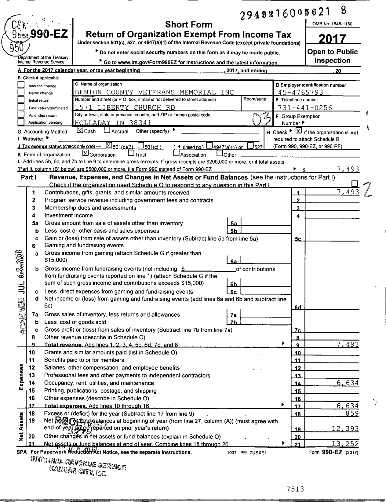 Image of first page of 2017 Form 990EZ for Benton County Veterans Memorial / Christy Hodge Ttee