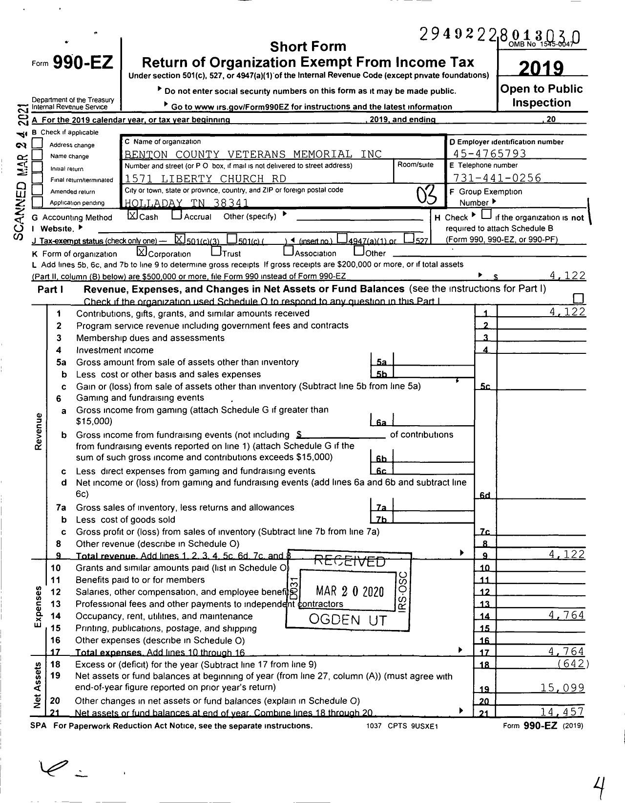 Image of first page of 2019 Form 990EZ for Benton County Veterans Memorial / Christy Hodge Ttee