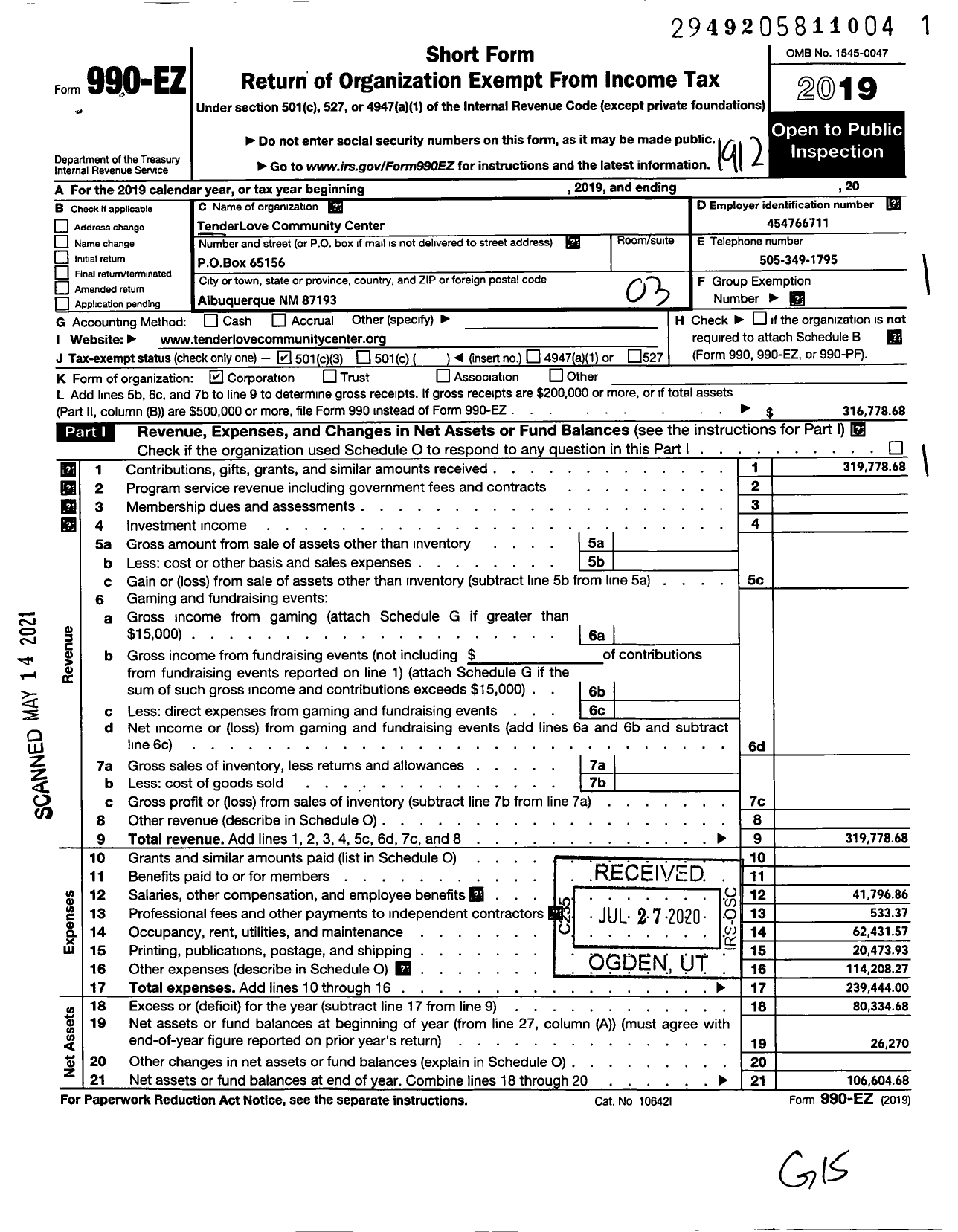 Image of first page of 2019 Form 990EZ for Tenderlove Community Center