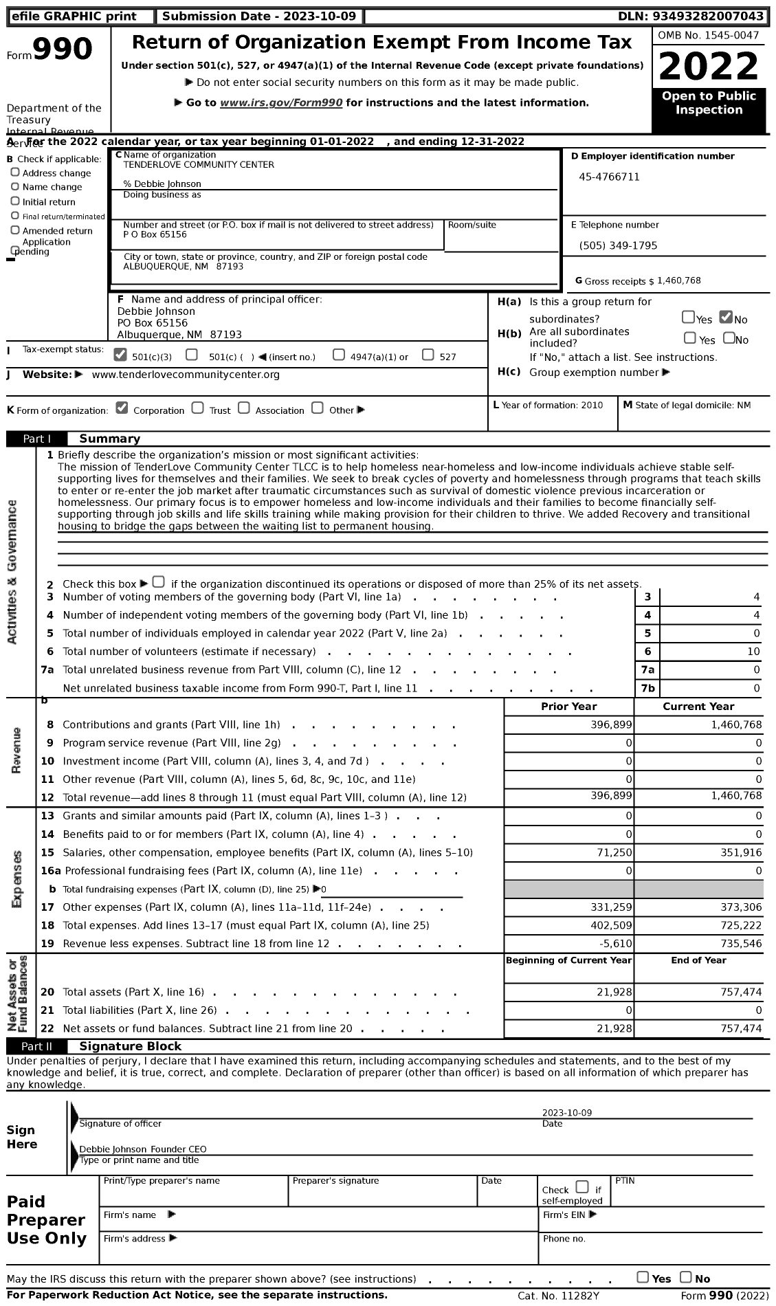 Image of first page of 2022 Form 990 for Tenderlove Community Center