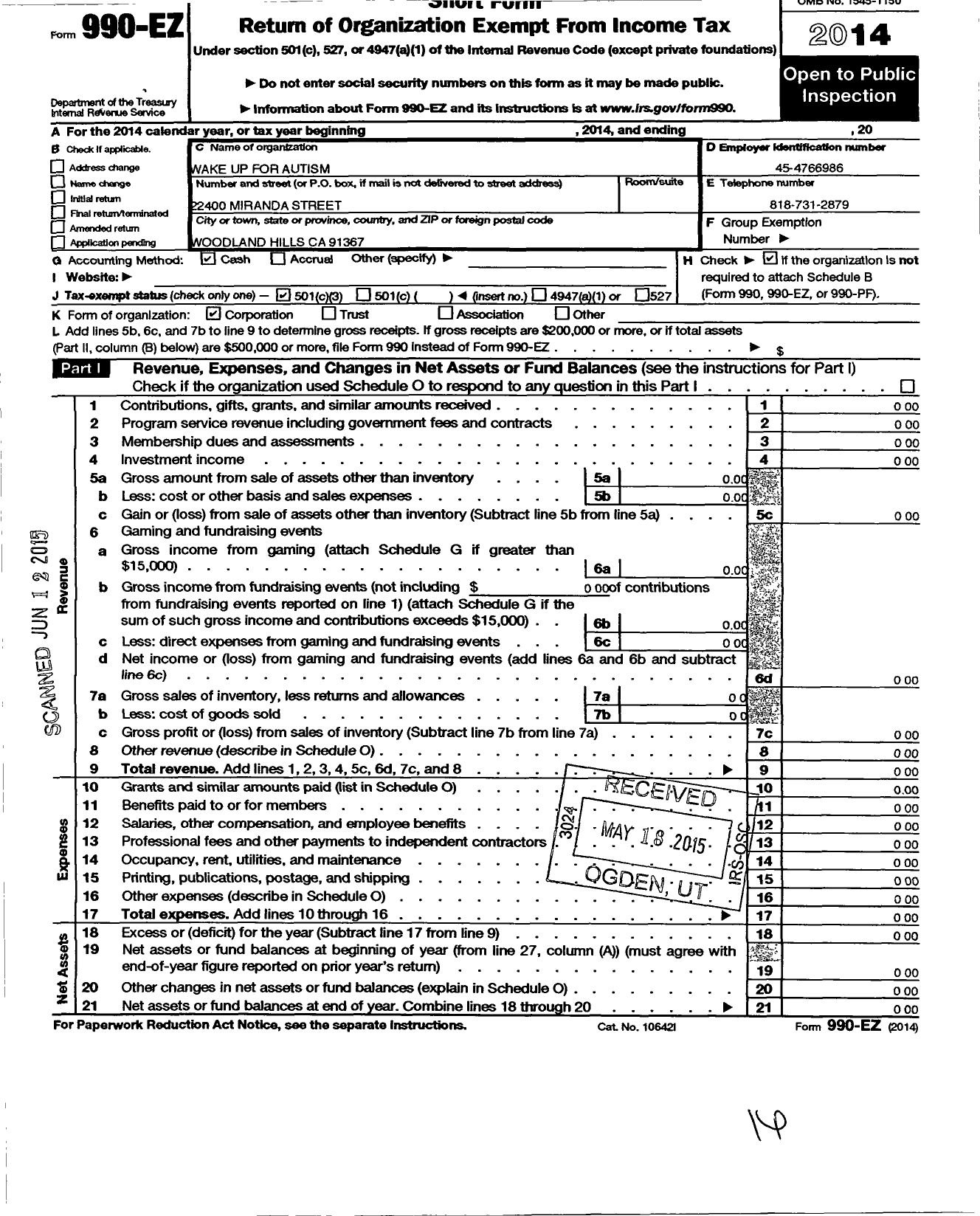 Image of first page of 2014 Form 990EZ for Wake Up for Autism