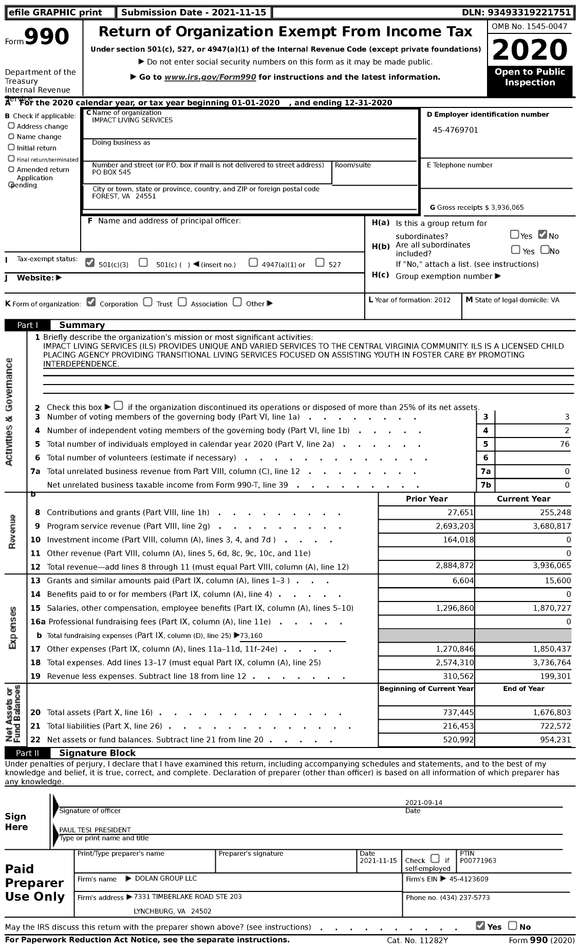 Image of first page of 2020 Form 990 for Impact Living Services