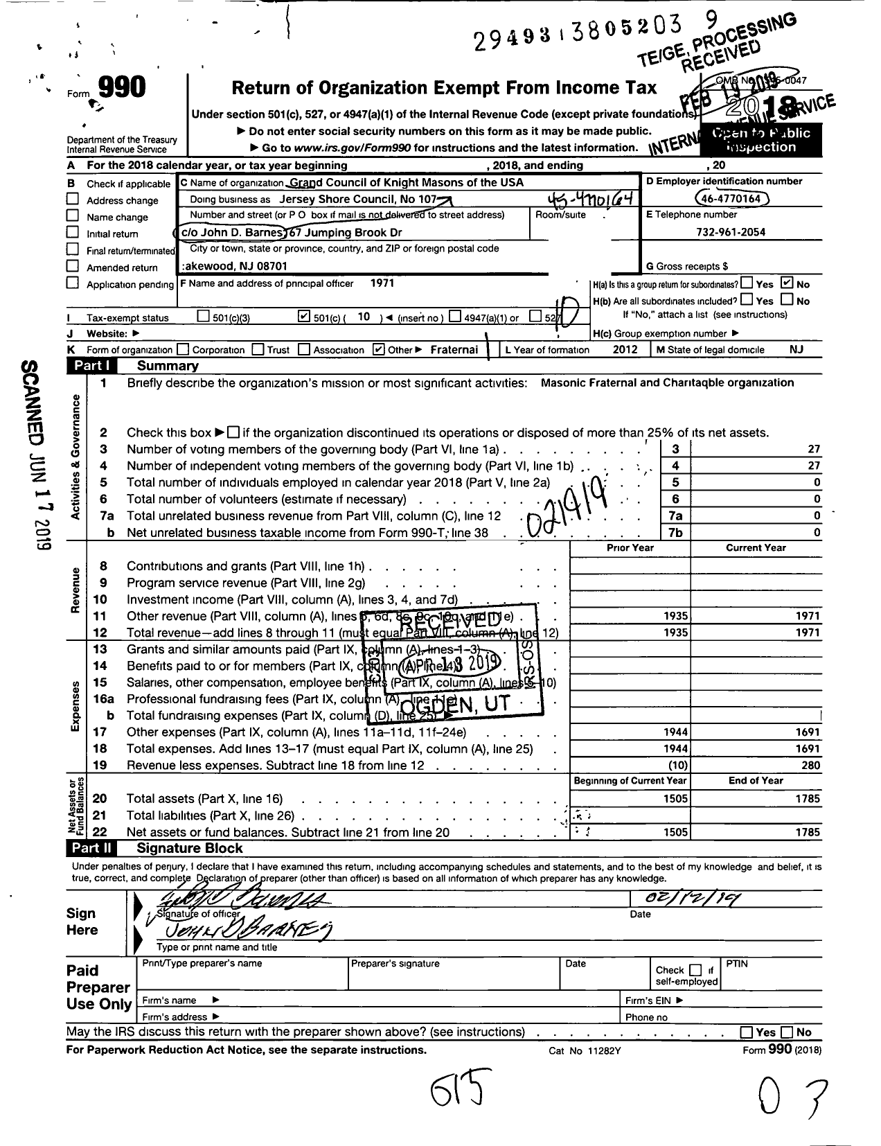 Image of first page of 2018 Form 990O for Jersey Shore COUNCIL No 107 KNIGHTs MASONS OF THE USA