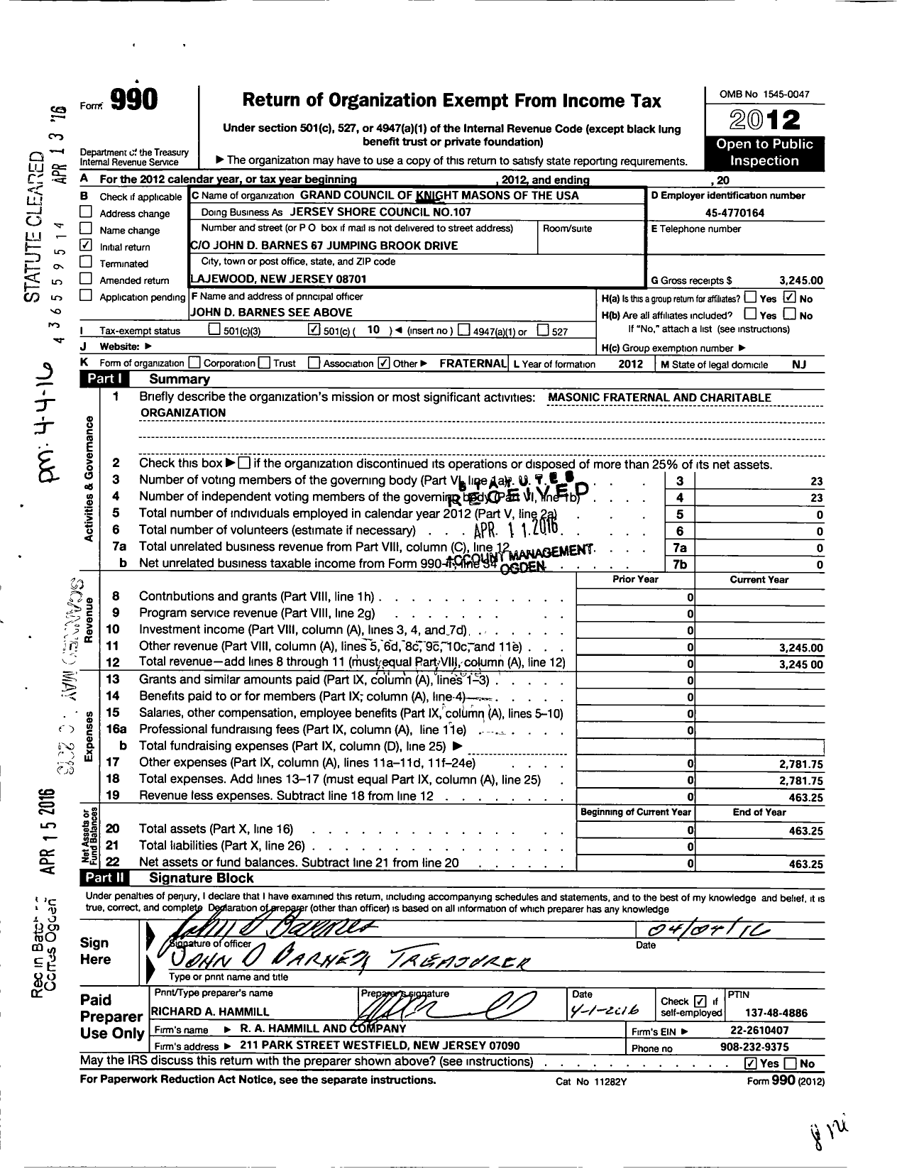 Image of first page of 2012 Form 990O for Jersey Shore COUNCIL No 107 KNIGHTs MASONS OF THE USA