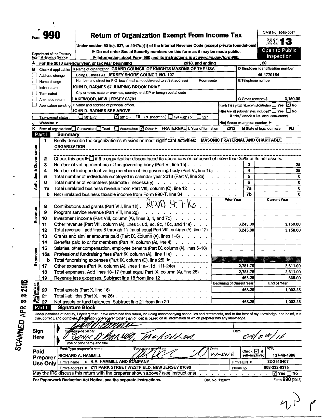 Image of first page of 2013 Form 990O for Jersey Shore COUNCIL No 107 KNIGHTs MASONS OF THE USA