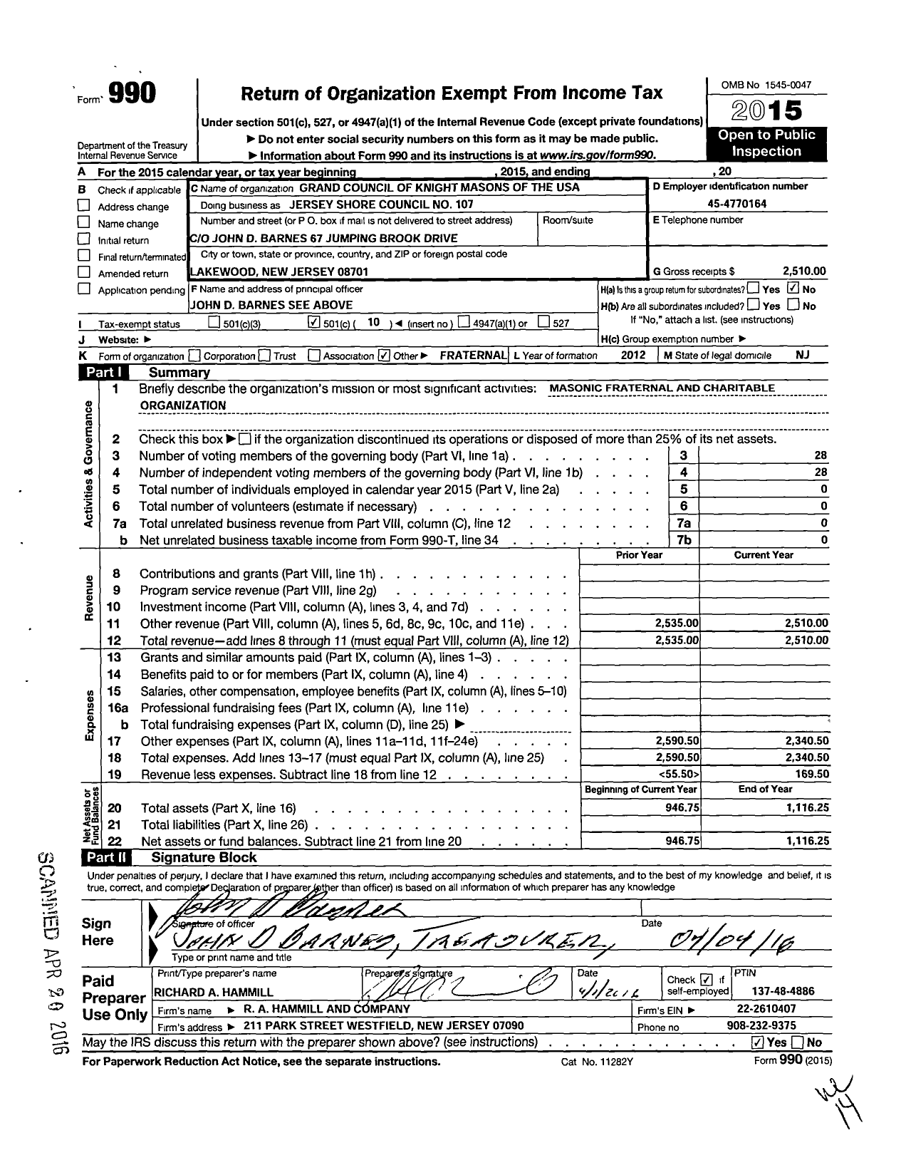 Image of first page of 2015 Form 990O for Jersey Shore COUNCIL No 107 KNIGHTs MASONS OF THE USA