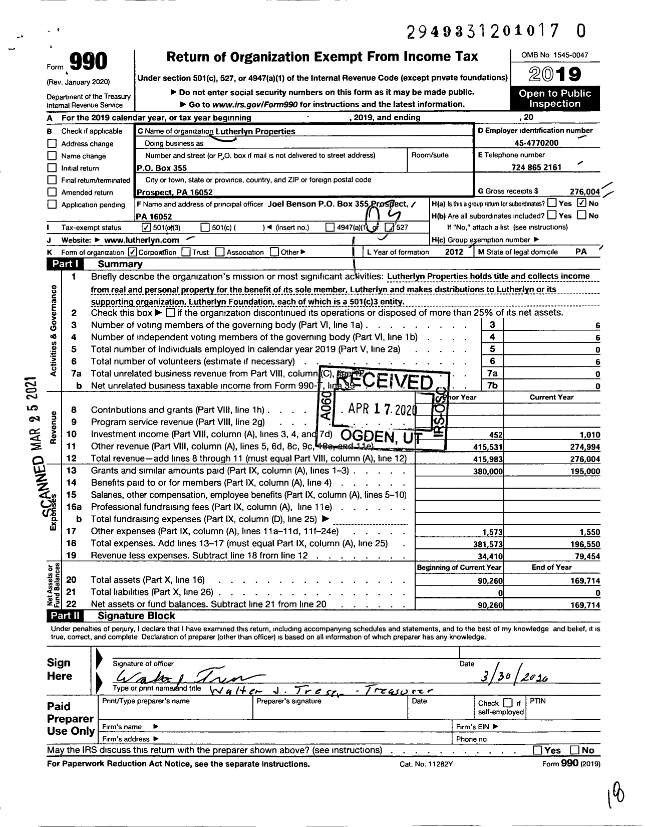 Image of first page of 2019 Form 990 for Lutherlyn Properties