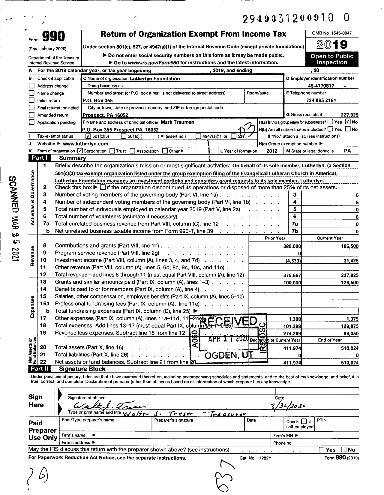 Image of first page of 2019 Form 990 for Lutherlyn Foundation