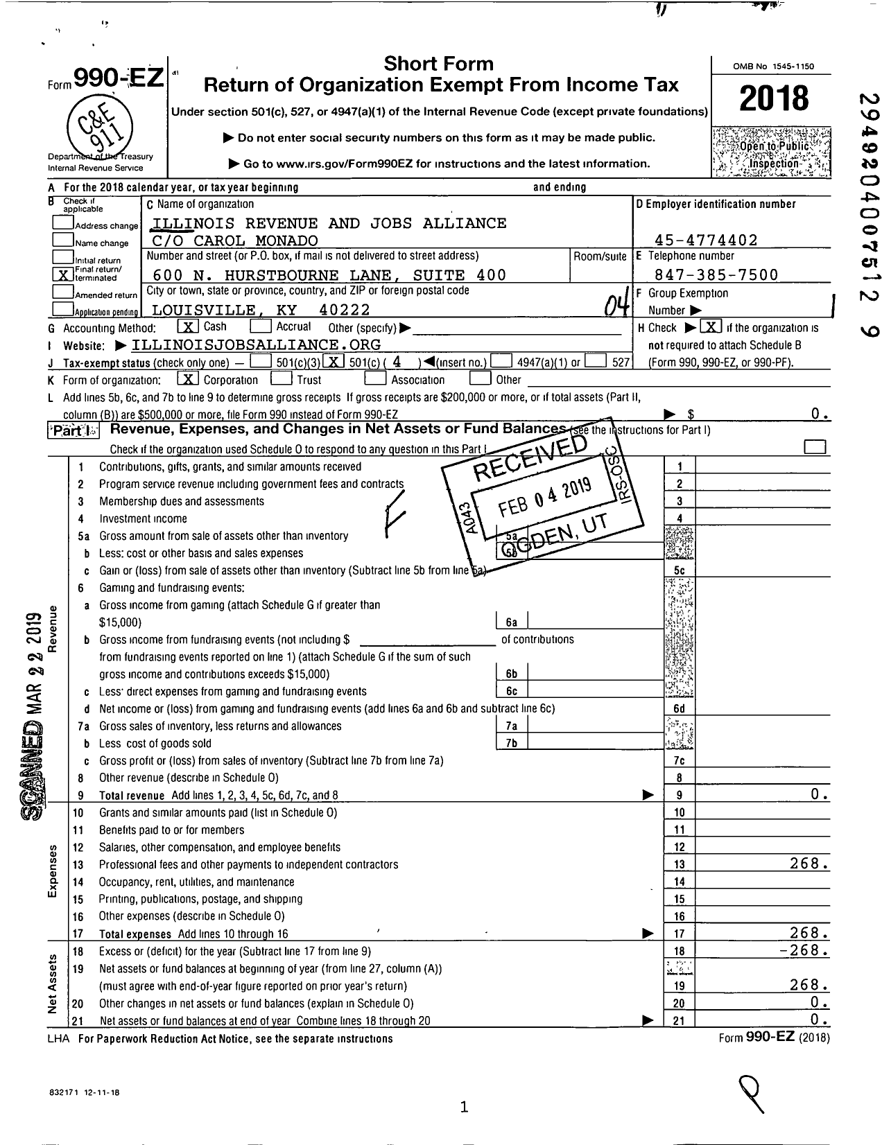 Image of first page of 2018 Form 990EO for Illinois Revenue and Jobs Alliance