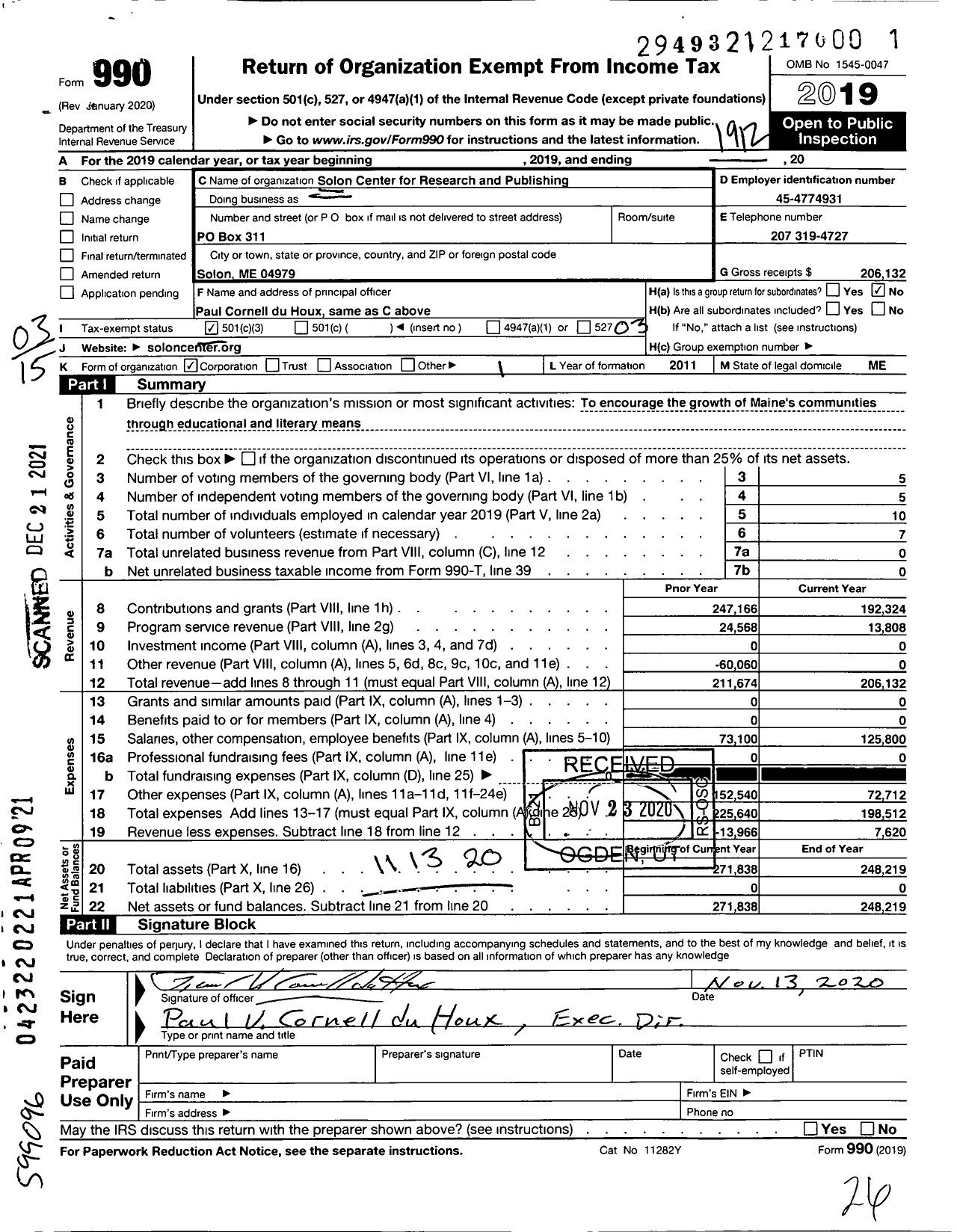 Image of first page of 2019 Form 990 for Solon Center for Research and Publishing