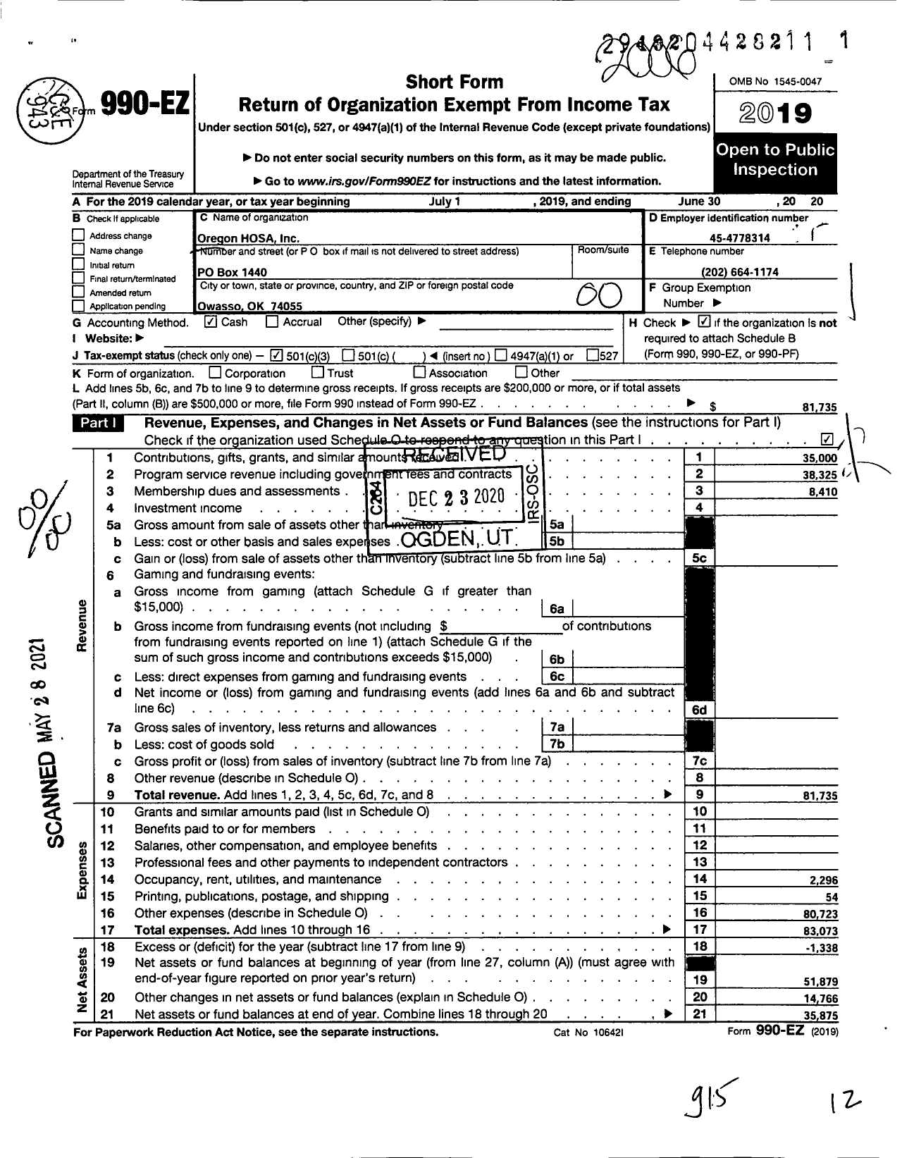Image of first page of 2019 Form 990EO for Oregon Hosa