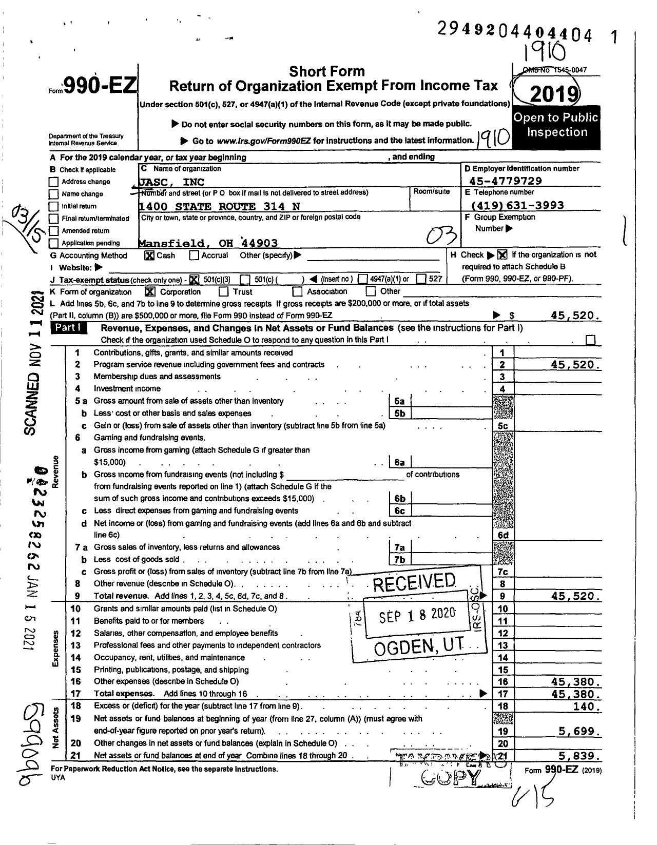 Image of first page of 2018 Form 990EZ for Jasc