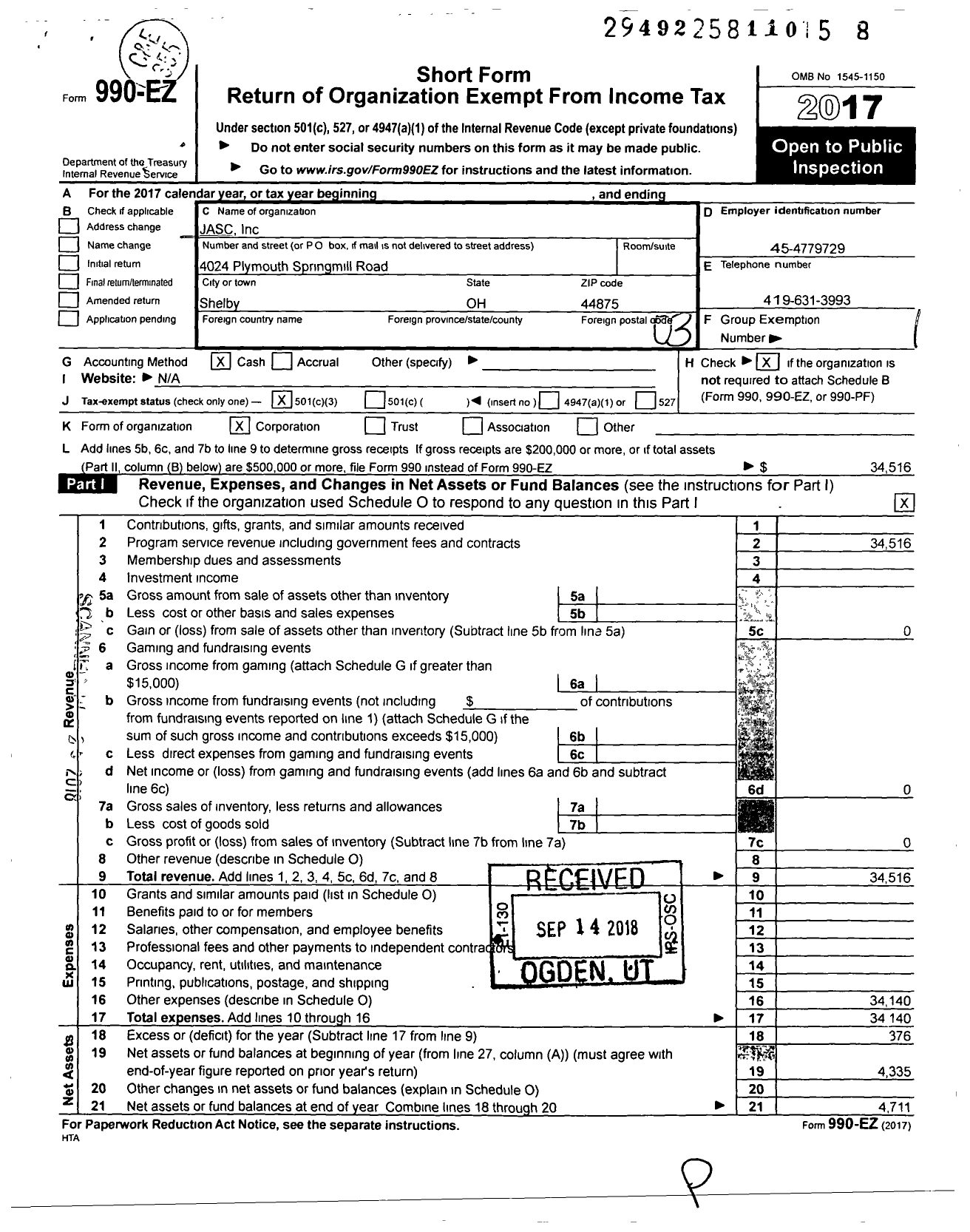 Image of first page of 2017 Form 990EZ for Jasc