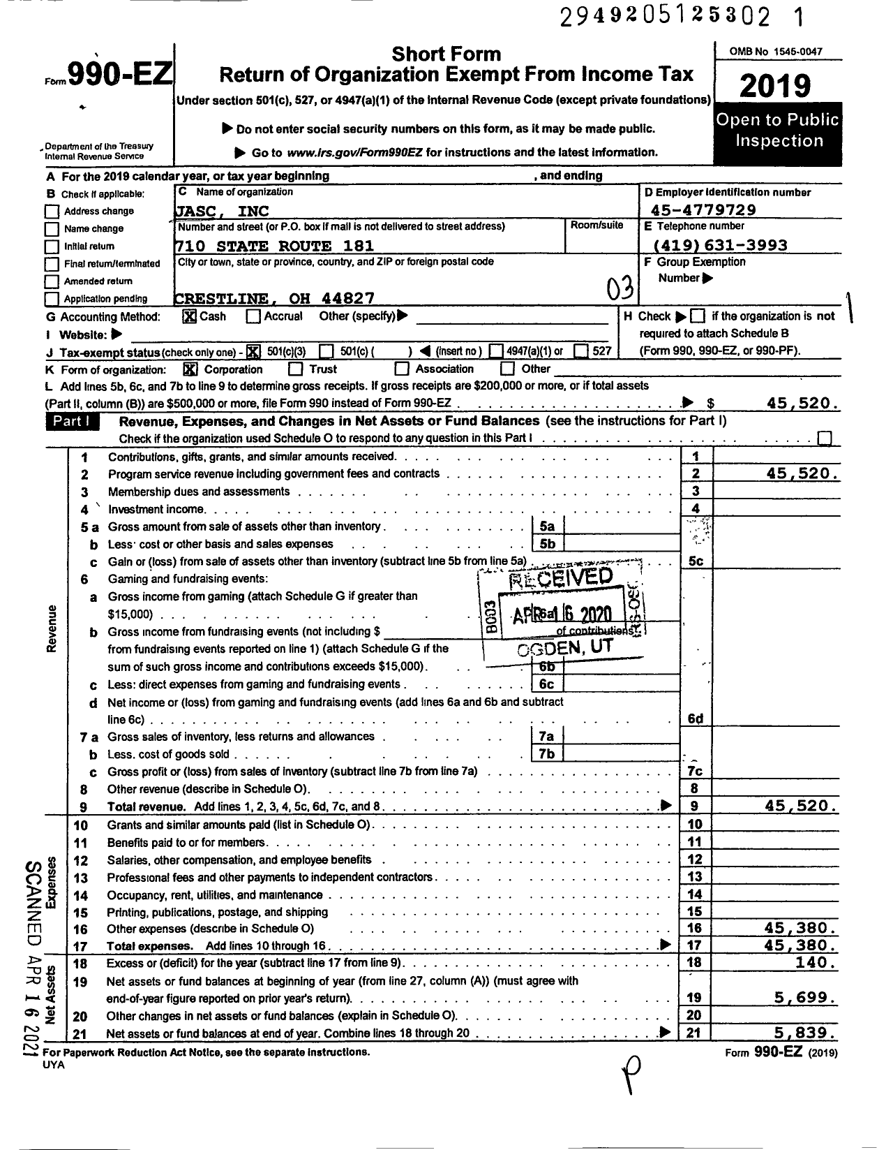 Image of first page of 2019 Form 990EZ for Jasc
