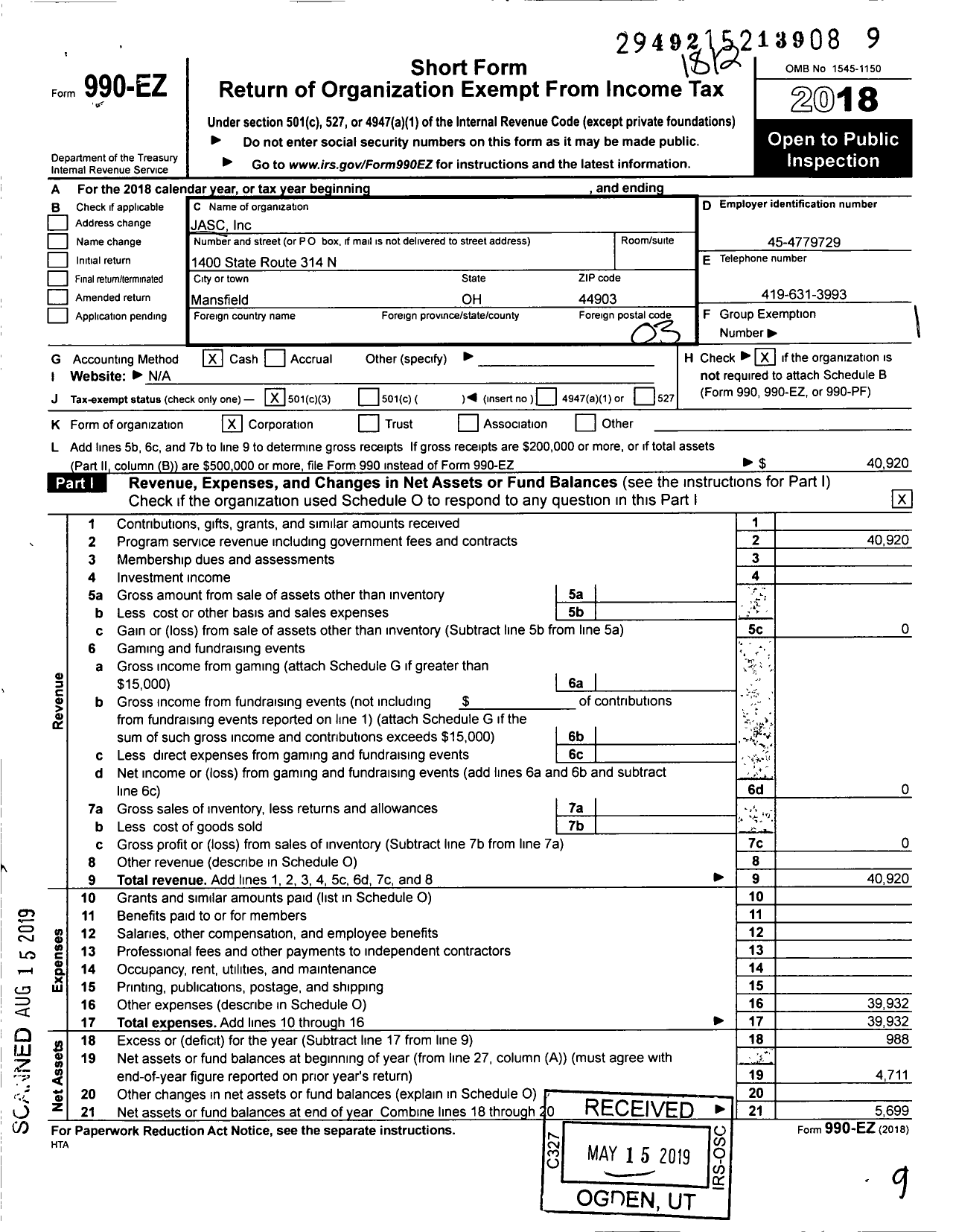 Image of first page of 2018 Form 990EZ for Jasc