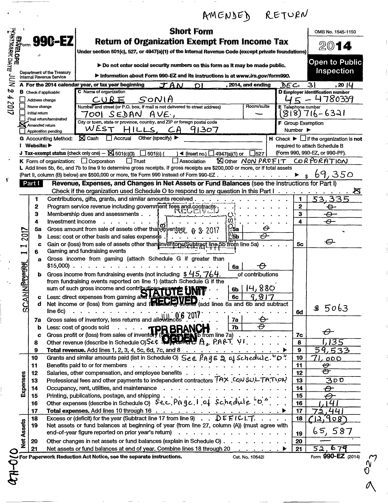 Image of first page of 2014 Form 990EA for Cure Sonia