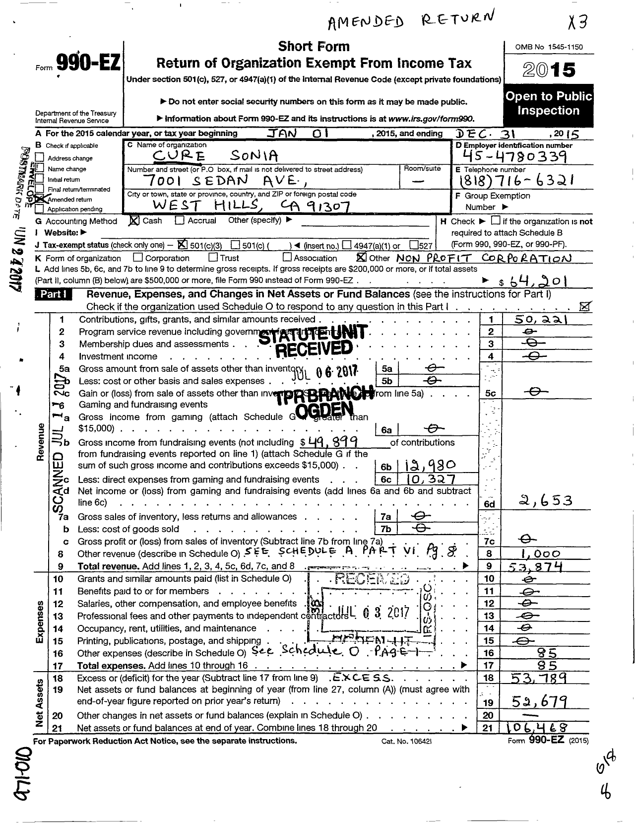 Image of first page of 2015 Form 990EA for Cure Sonia