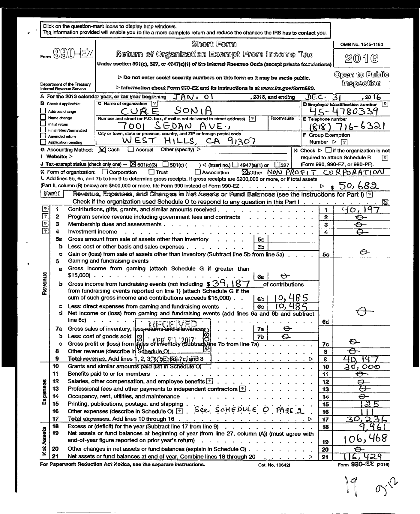 Image of first page of 2016 Form 990EZ for Cure Sonia