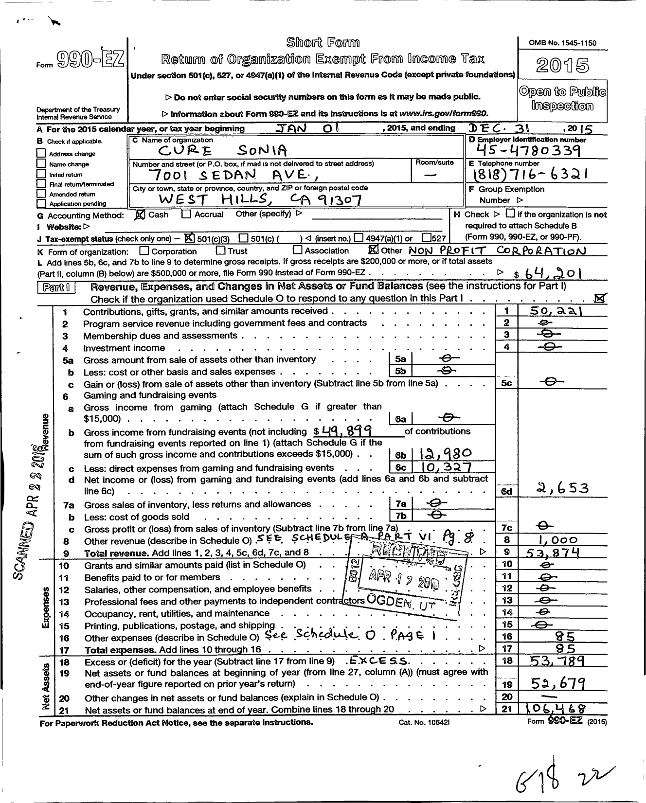 Image of first page of 2015 Form 990EZ for Cure Sonia