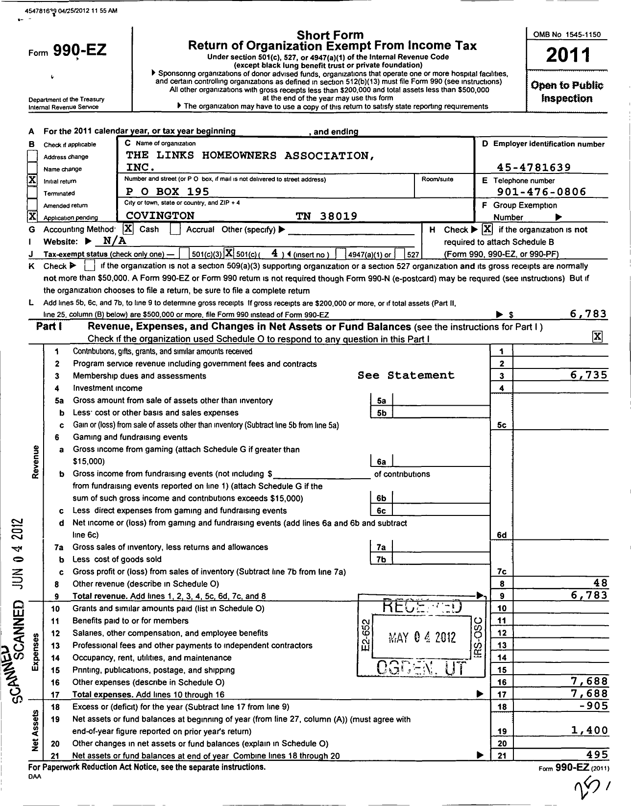 Image of first page of 2011 Form 990EO for Links Homeowners Association