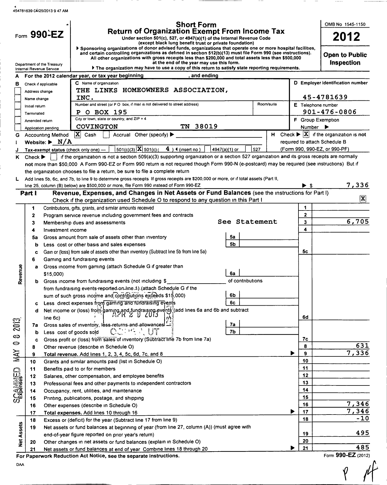 Image of first page of 2012 Form 990EO for Links Homeowners Association