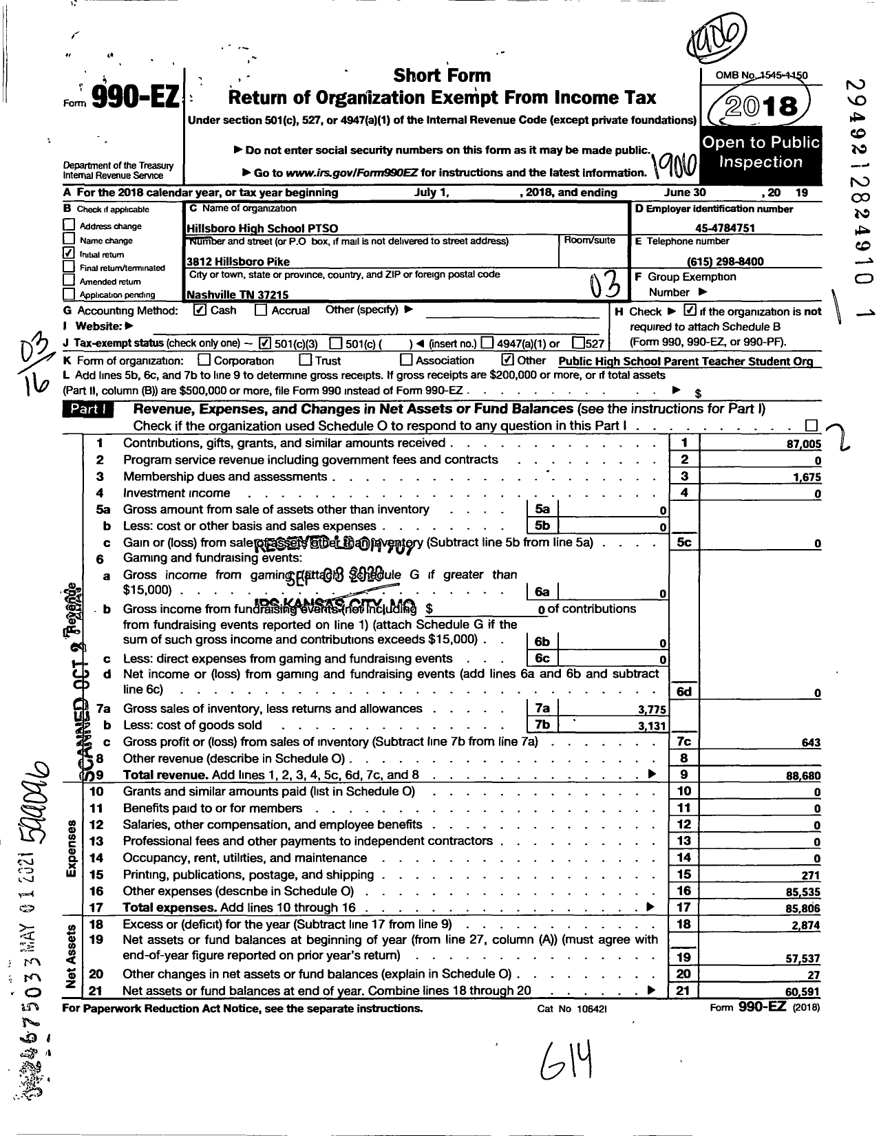 Image of first page of 2018 Form 990EZ for Hillsboro High School Ptso