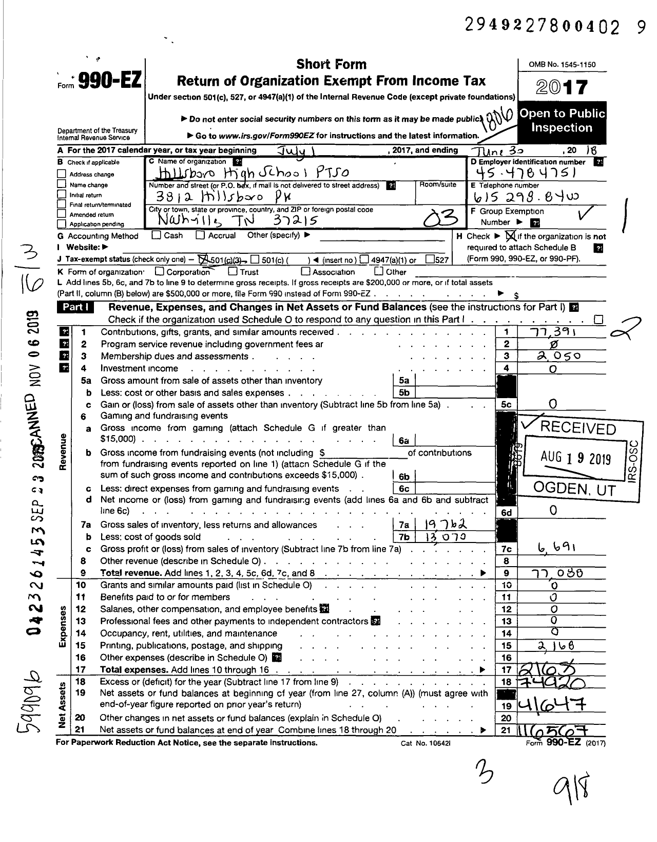 Image of first page of 2017 Form 990EZ for Hillsboro High School Ptso