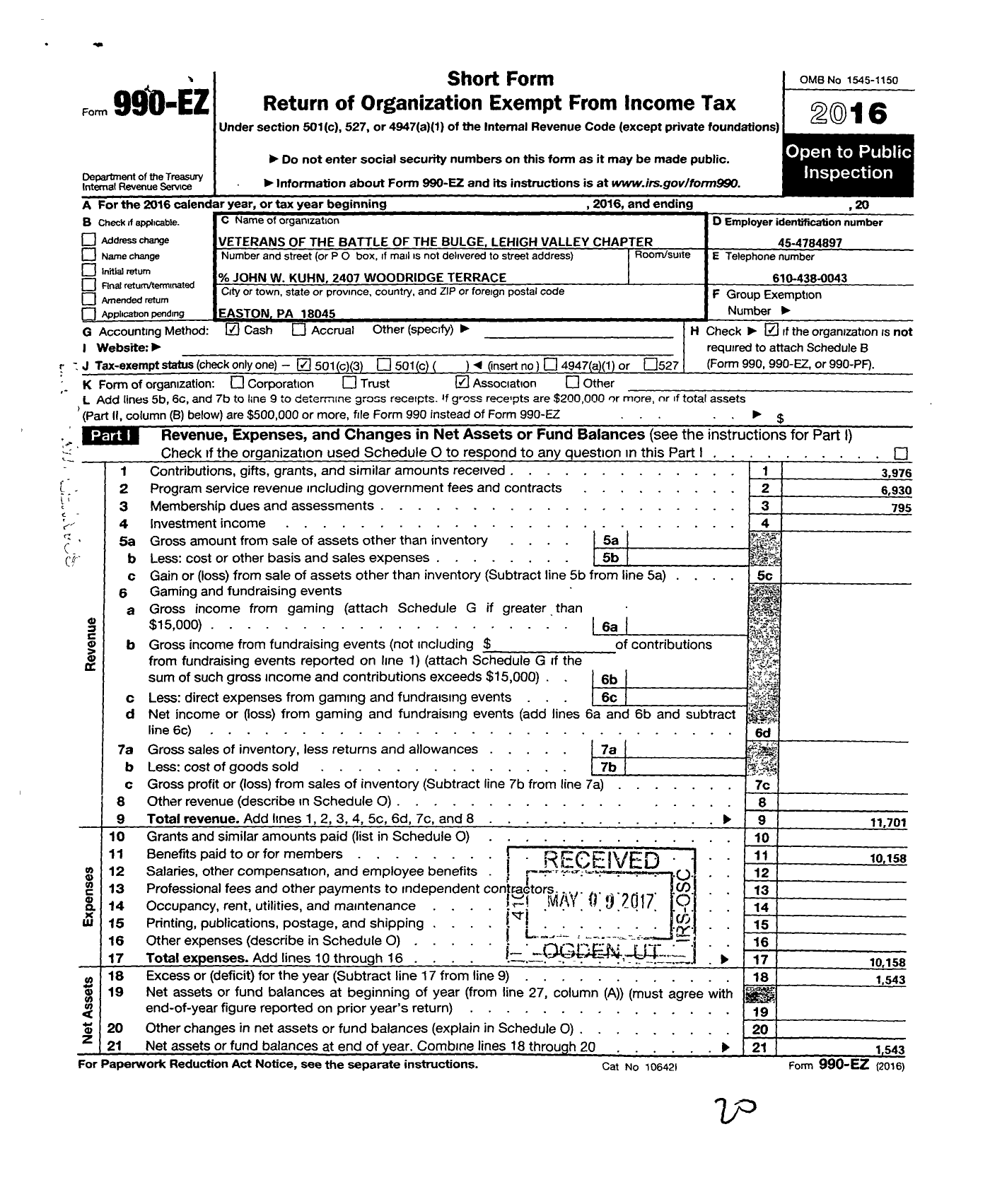 Image of first page of 2016 Form 990EZ for Veterans of the Battle of the Bulge L V Chap